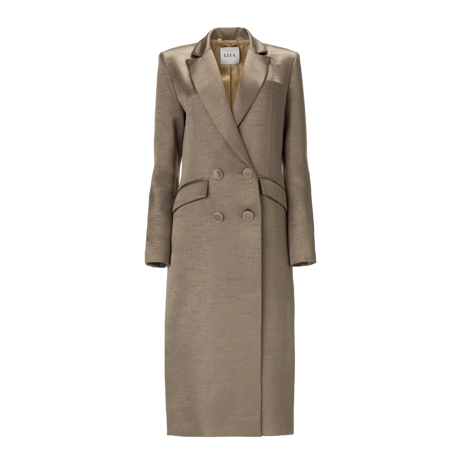 Lita Couture Belted Midi Trench Coat In Liquid Silver In Silver