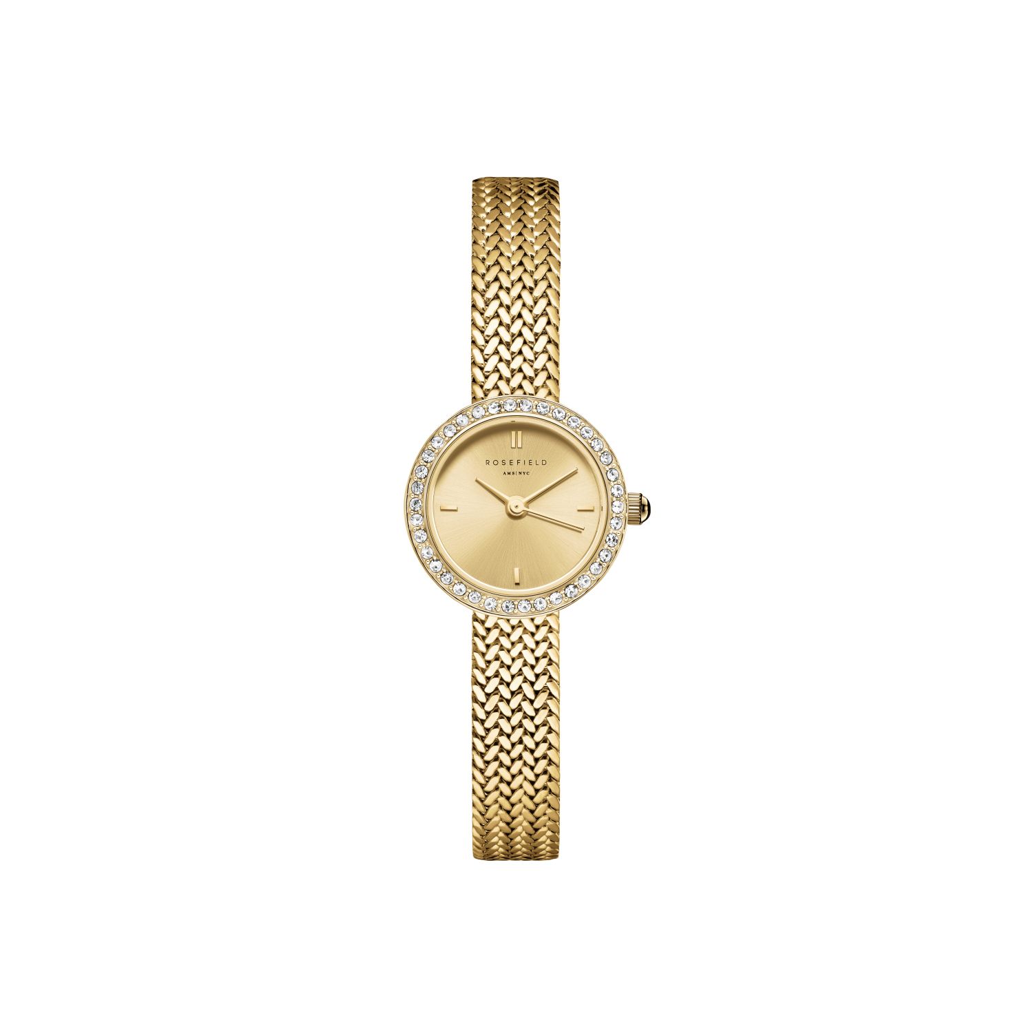Rosefield Mini Small Edit Ladies Watch With Champagne Dial, Crystal Set Bezel & Gold Woven Mesh Stra