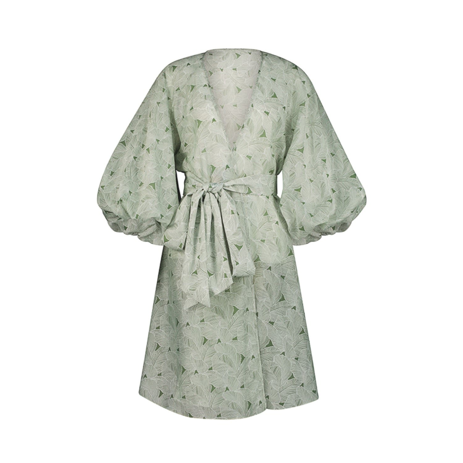 Azzalia Women's Printed Leaves Voile Beach Cover-up With Puff Sleeves In Green In Green