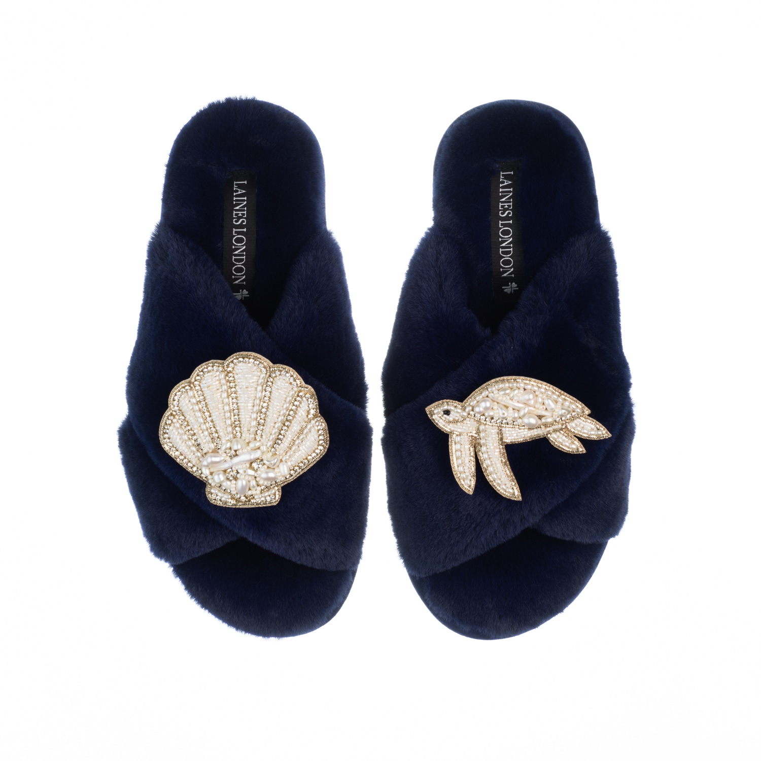 Laines London Women's Blue Classic Laines Slippers With Pearl Beaded Turtle & Shell Brooches - Navy In Blue