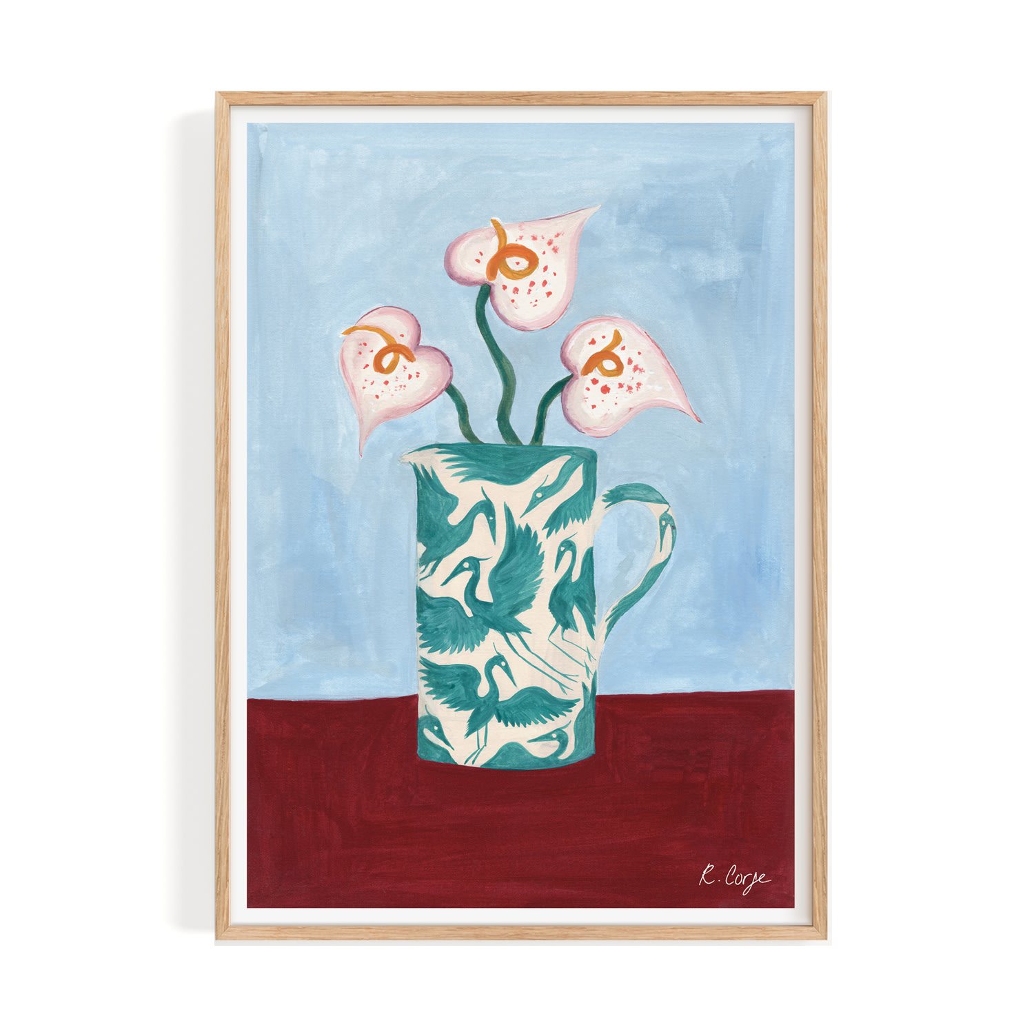 Rosanna Corfe Blue / Red A2 Teal Herons On Jug Print, Blue, Red In Blue/red