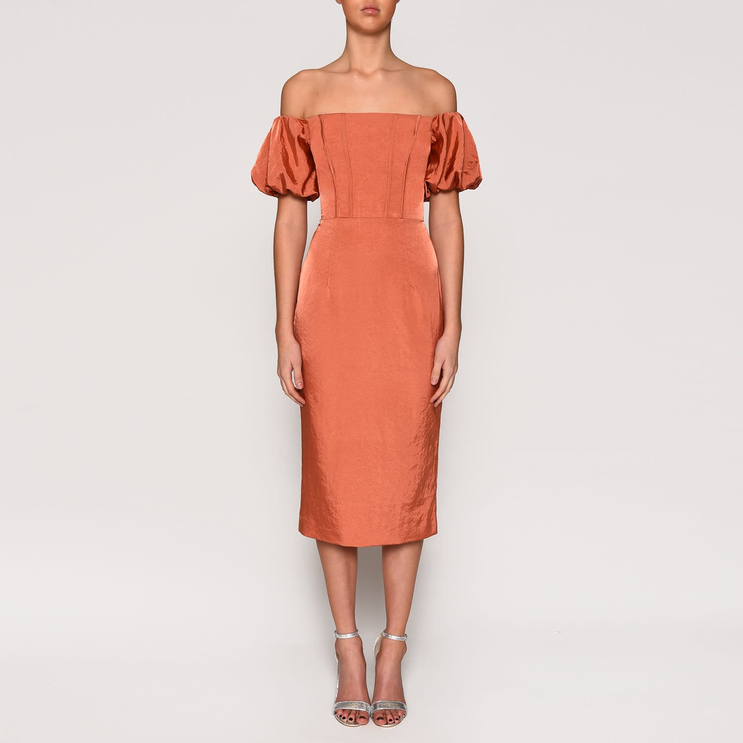 rust bardot dress