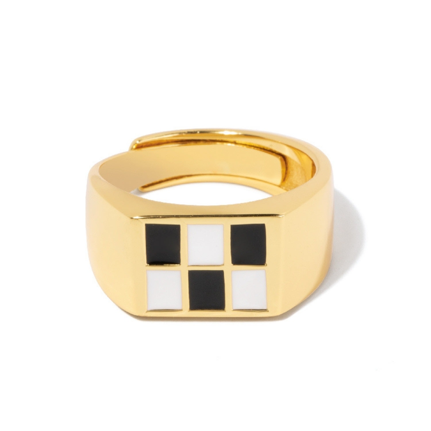 Little Sky Stone Women's Black / White / Gold Enamel Checker Signet Gold Ring In Gold