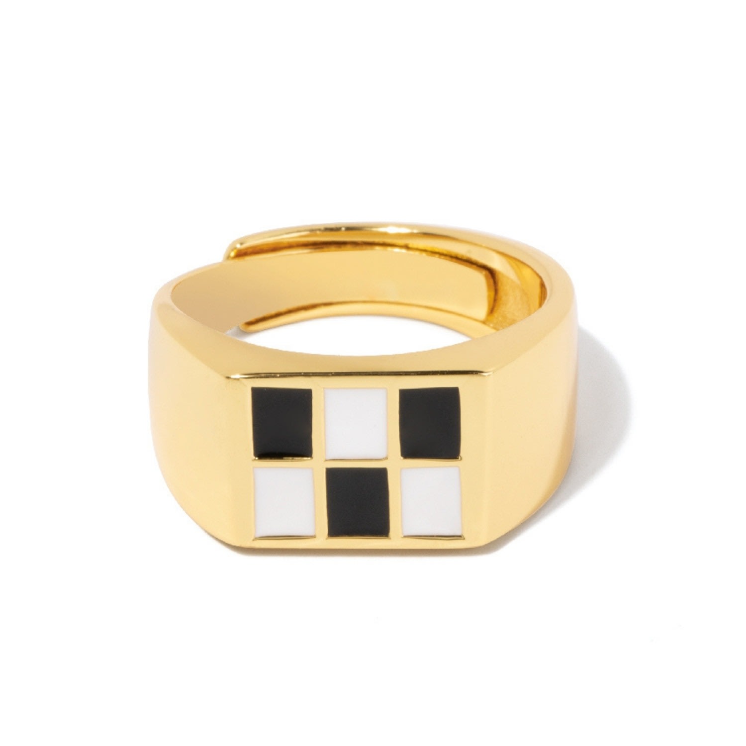 Women’s White / Gold / Black Enamel Checker Signet Gold Ring Little Sky Stone