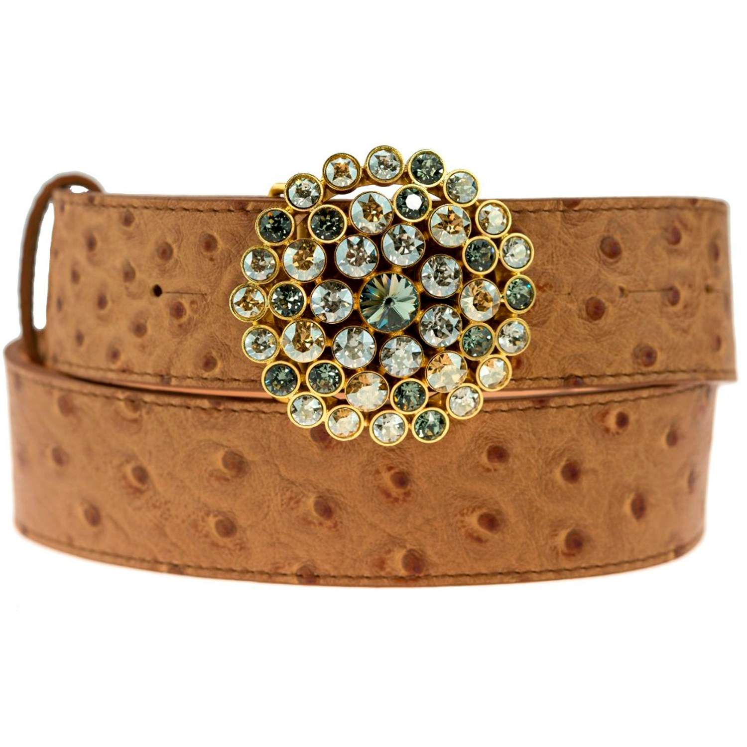 Peachy Belts Ltd Women's Brown Tan Ostrich Print Leather Belt & Leopard Waterlily Buckle In Brown