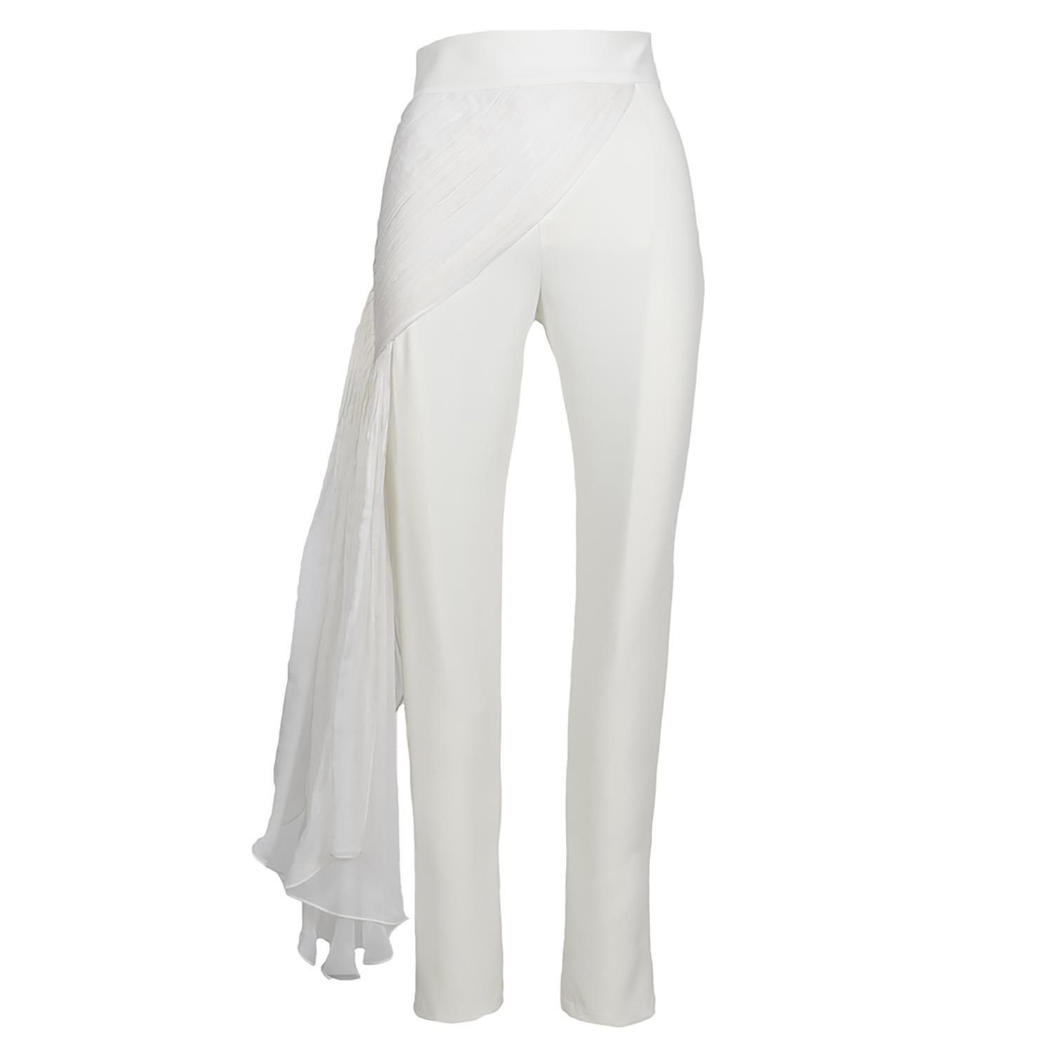 Monarh Women's White Tapered Pants With Side Ruching And Silk Ruffle In White
