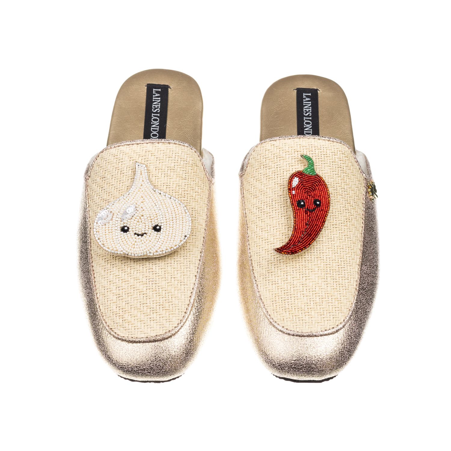Laines London Women's Gold / Neutrals Classic Mules With Laines Loveables Garlic & Chilli Brooches - Cream & Gold In Gold