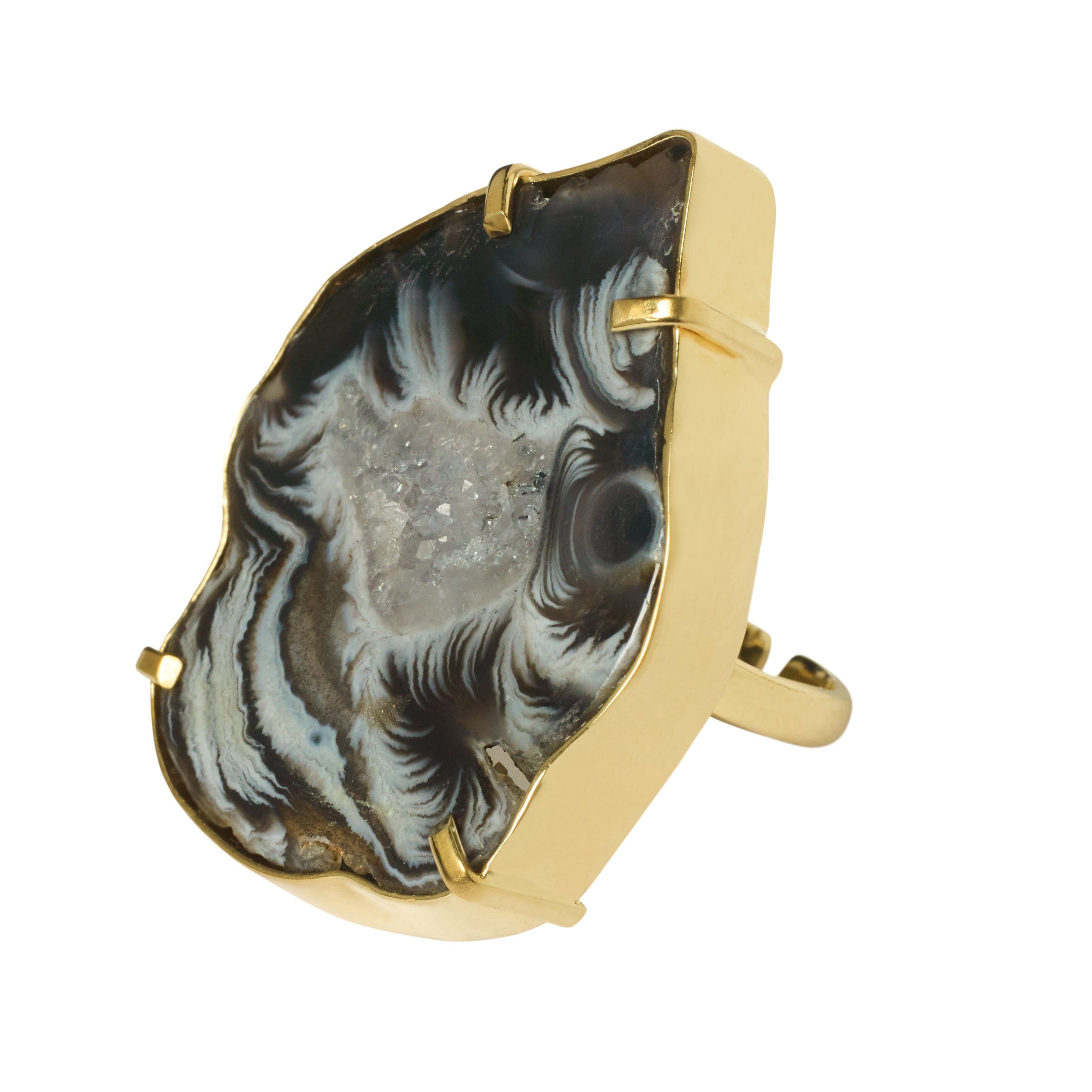 Yaa Yaa London Women's Black / Brown / Gold Quiet Luxury Druzy Swirl Gold Adjustable Ring