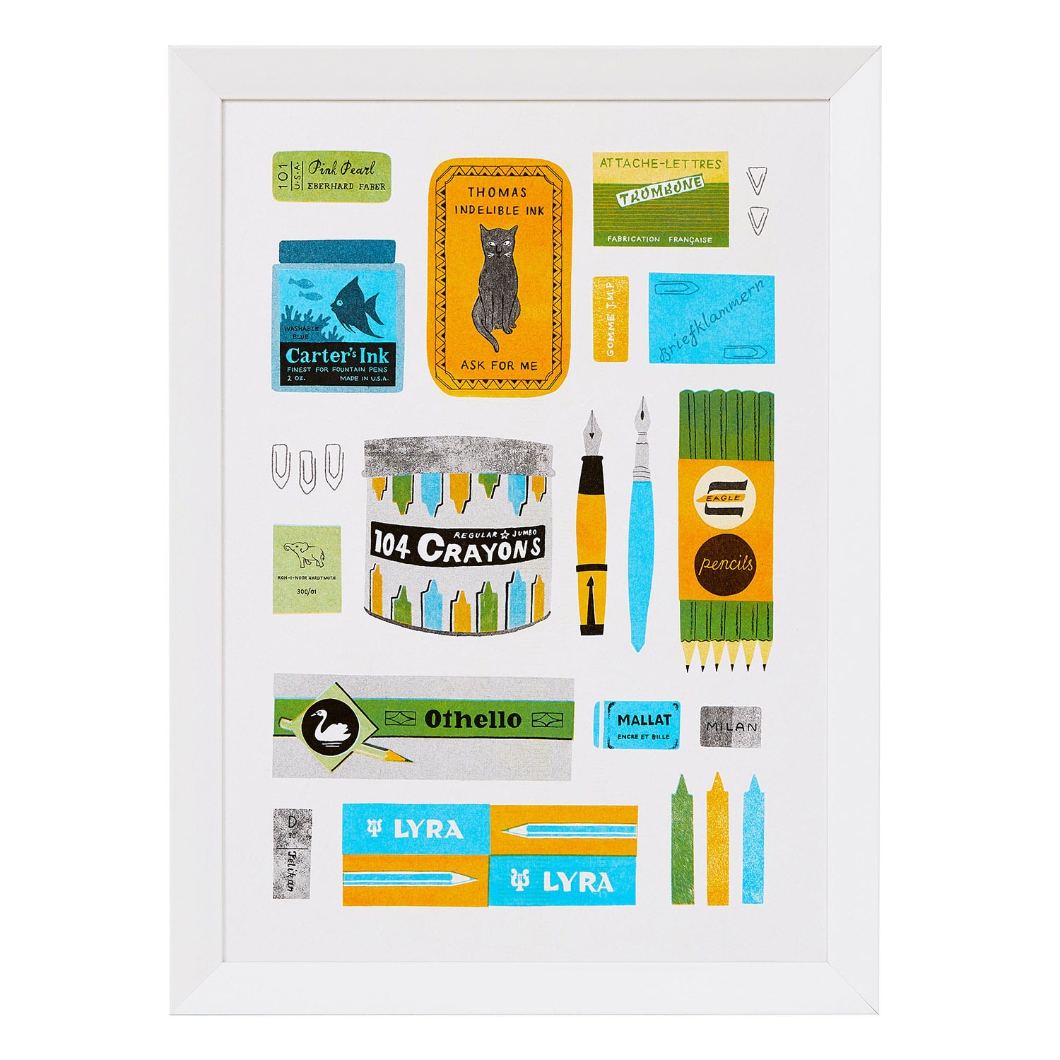 Rosa & Clara Designs Black / Blue / Yellow Vintage Stationery Risograph Print - Black Blue Yellow & Orange In Multi