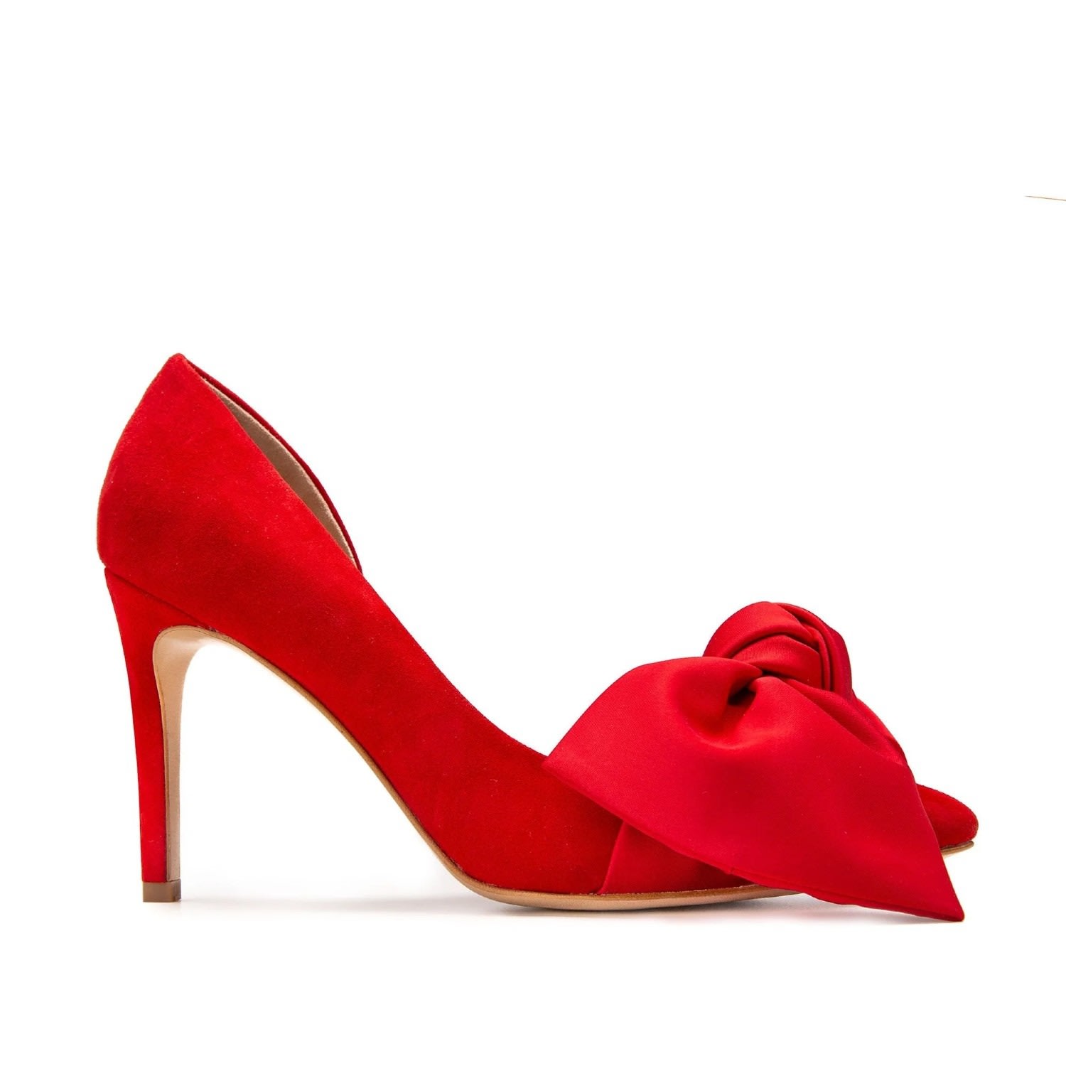 Shop Ginissima Women's Samantha Red Suede And Oversized Red Satin Bow Open Sided Stiletto