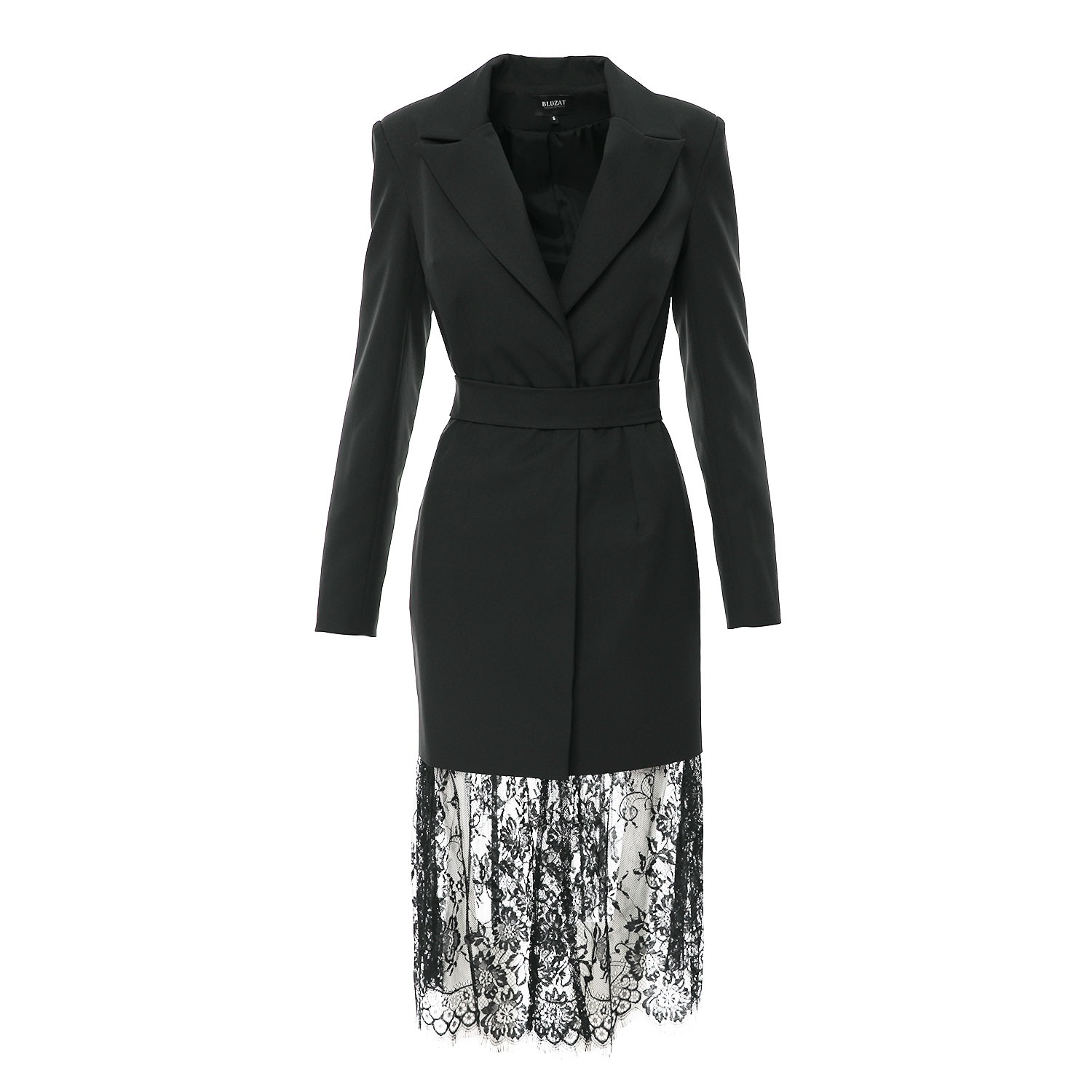 Bluzat Women's Black Blazer Dress With Lace Hem In Black