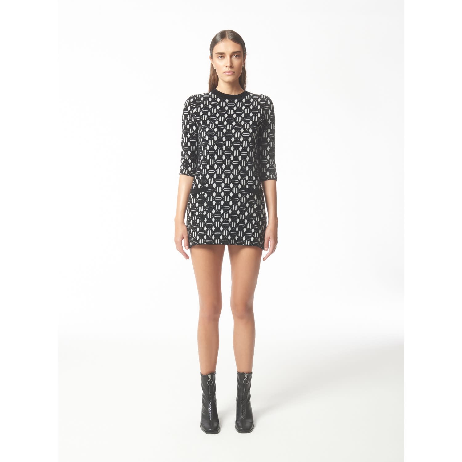 Geometric Jacquard Knit Dress In Black & White | SOUR FIGS | Wolf