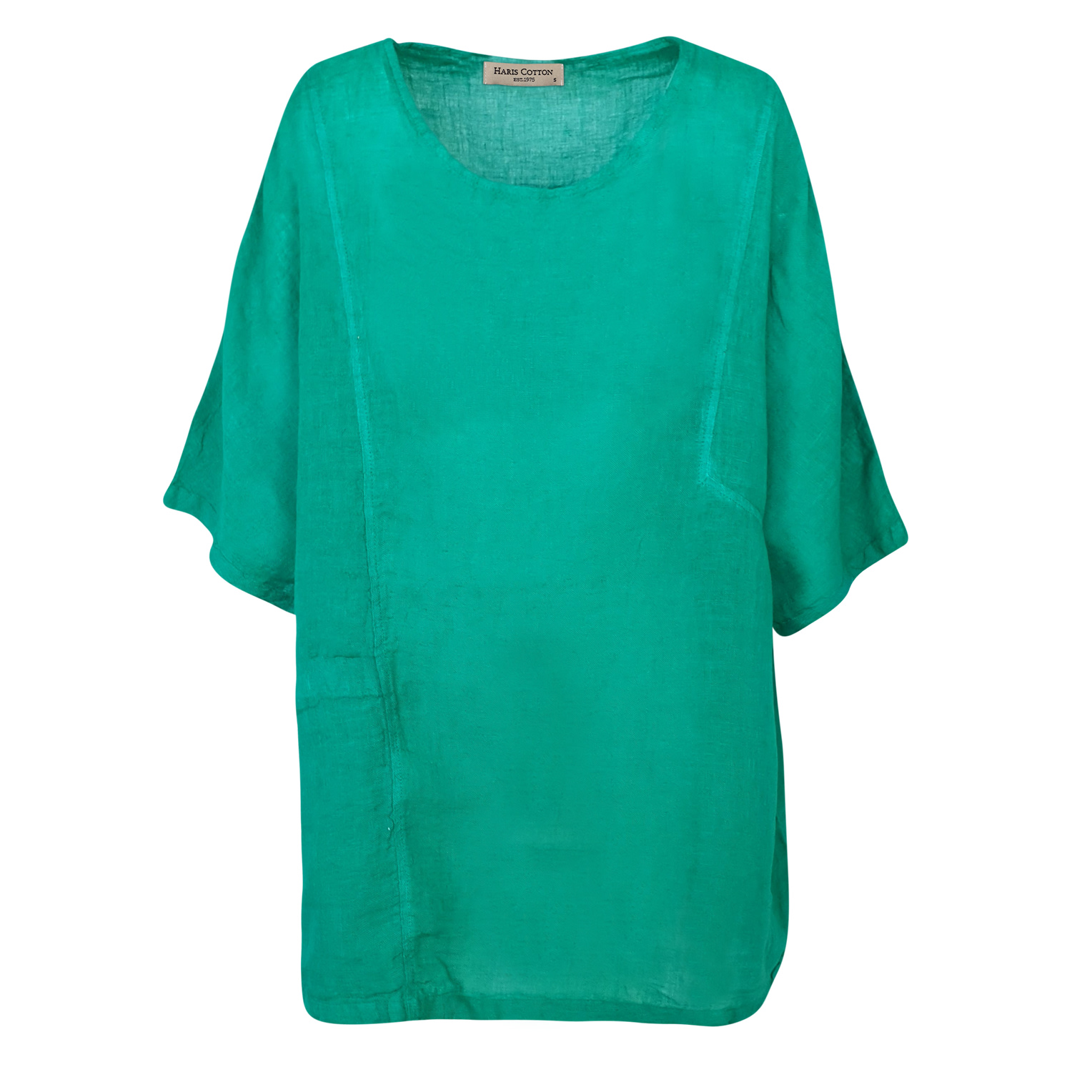 Haris Cotton Women's Front Pocket Curve Linen Gauze Blouse With Batwing Sleeve Island Green In Green