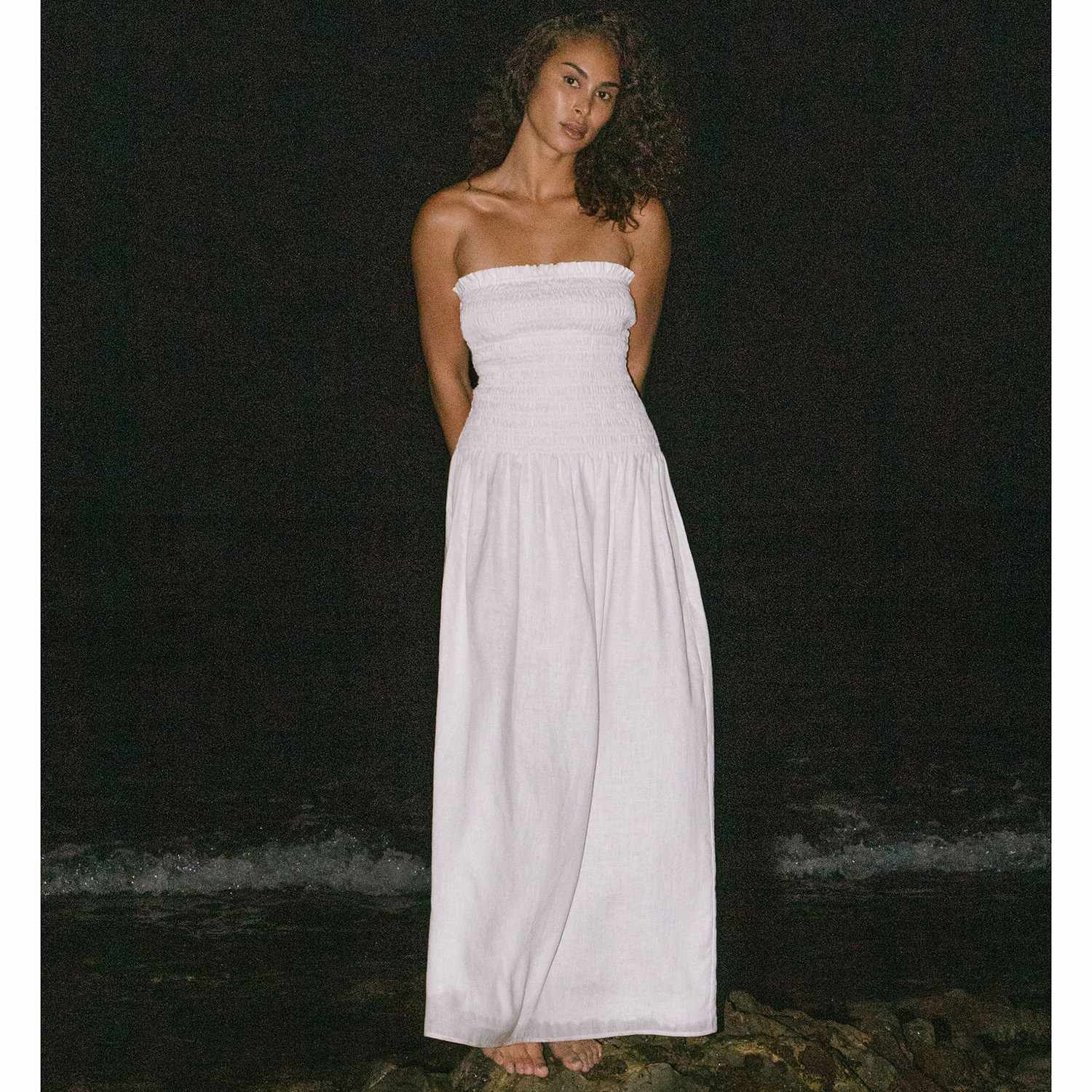 Nuaje Nuaje Elle Strapless Smocked Linen Maxi Dress - White