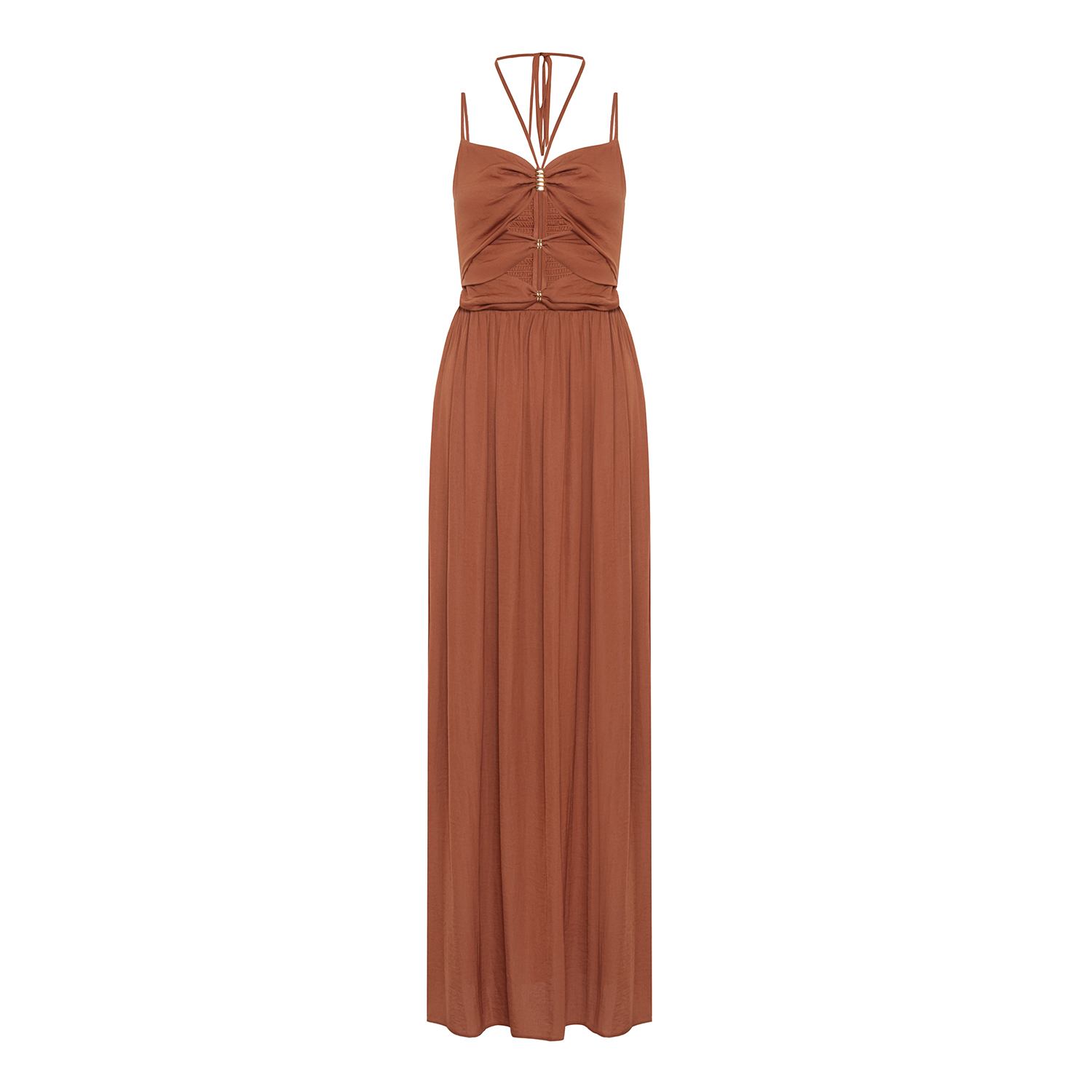 Rue Les Createurs Women's Pink / Purple Strapped Neckline Detailed Salmon Long Dress In Pink/purple