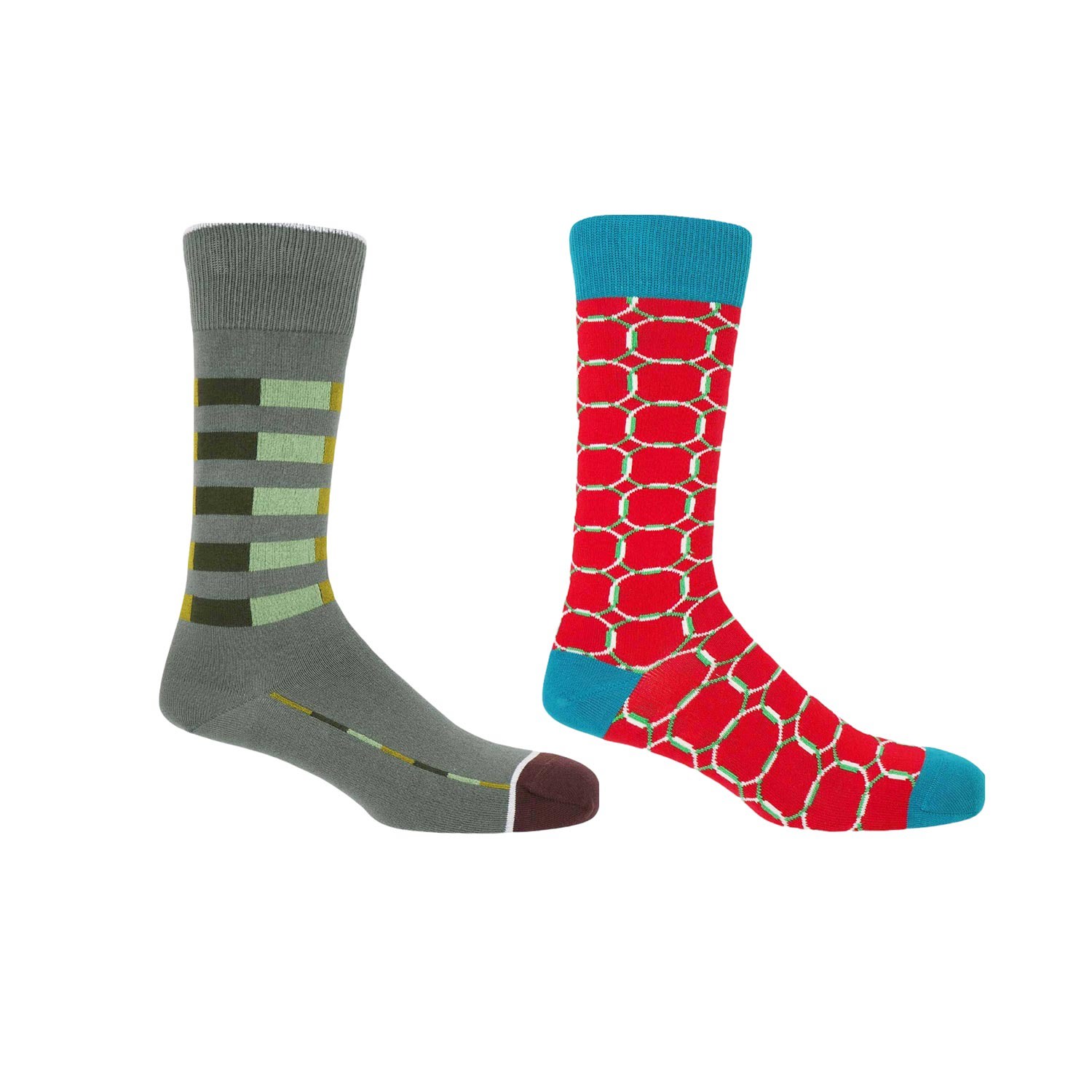 Grey Quad Stripe & Red Linked Men’s Socks Two Pack One Size Peper Harow - Made in England