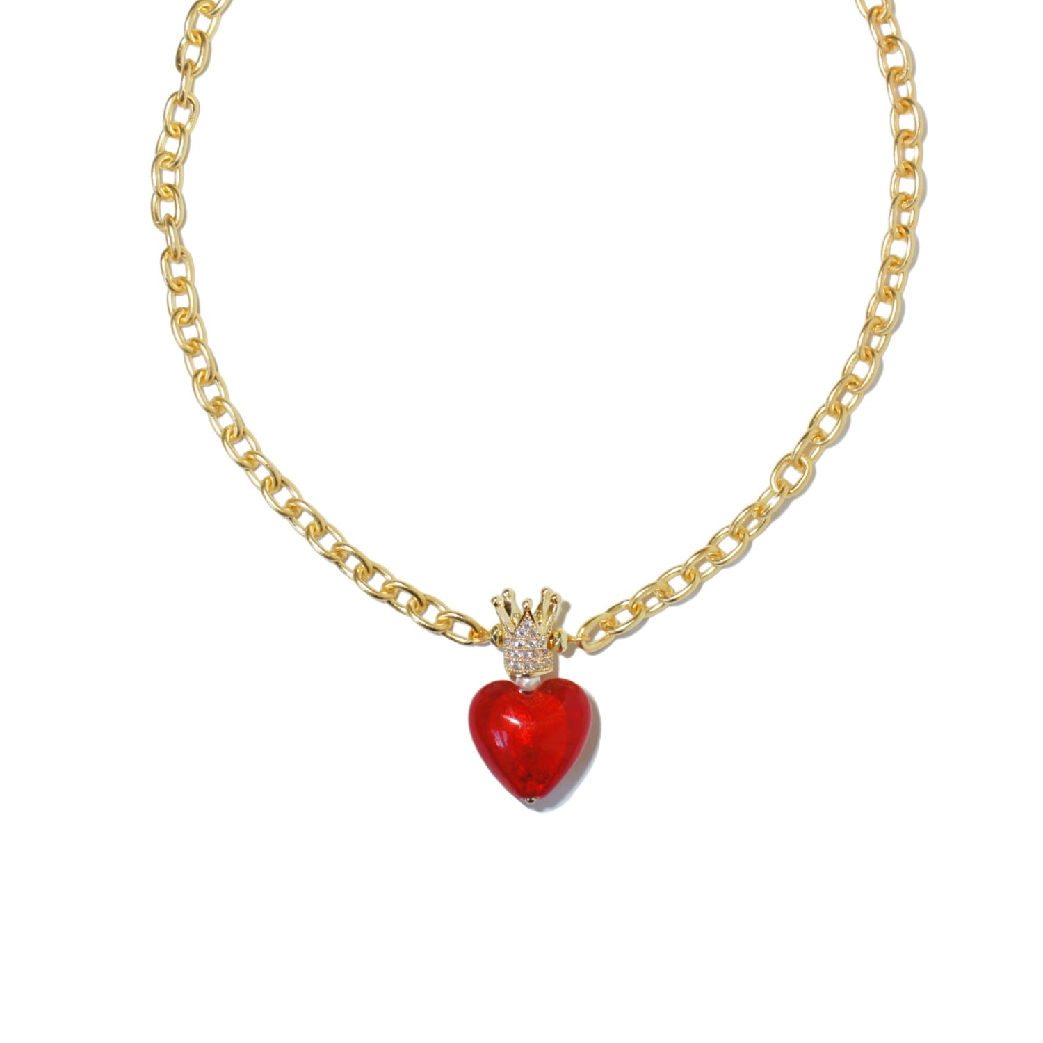 I'mmany London Women's Red Whisper Of Heart Chunky Golden Chain Necklace With Crystal Embellished Crown And Glass H