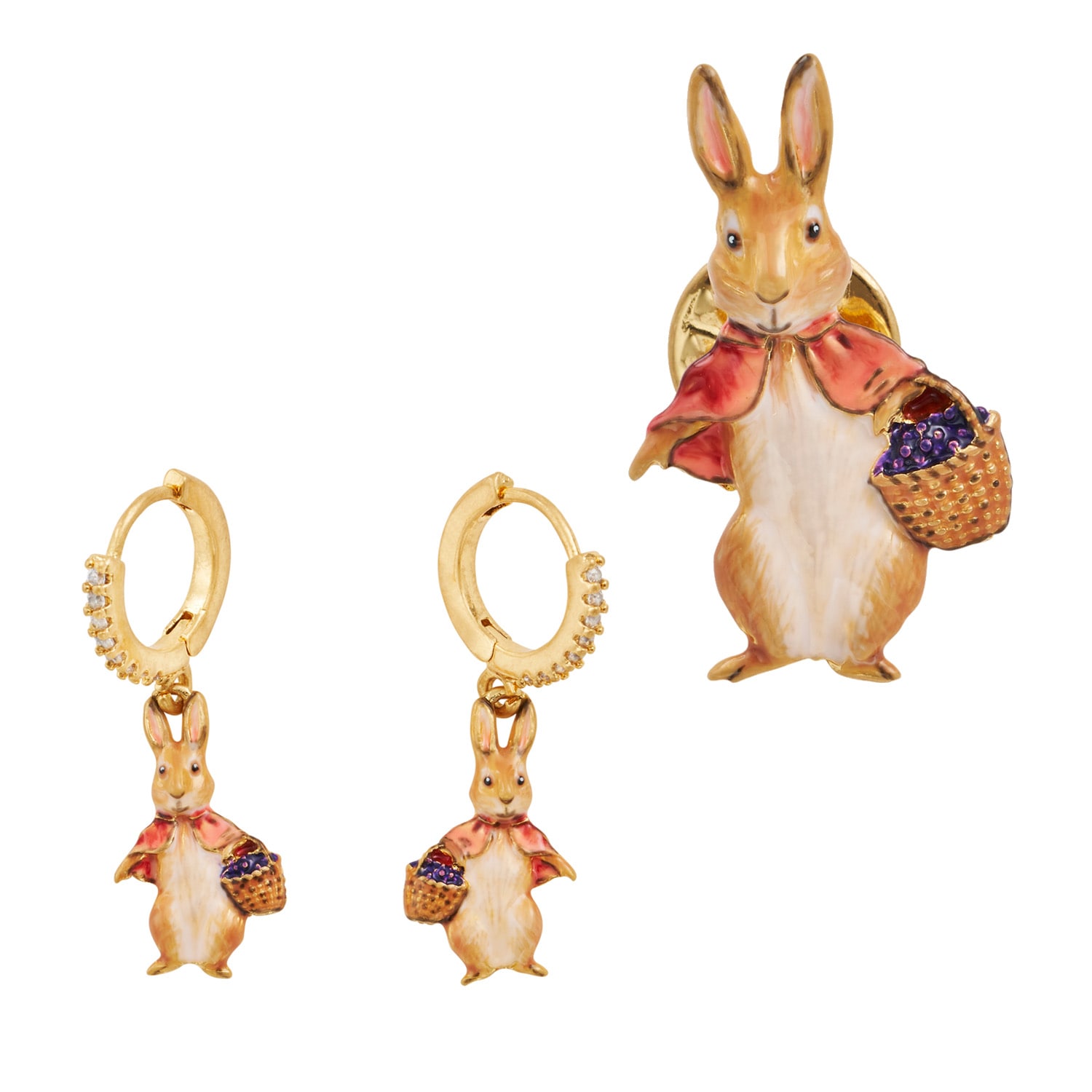 Fable England Women's Gold  X Peter Rabbit Cotton-tail Earrings & Brooch Set