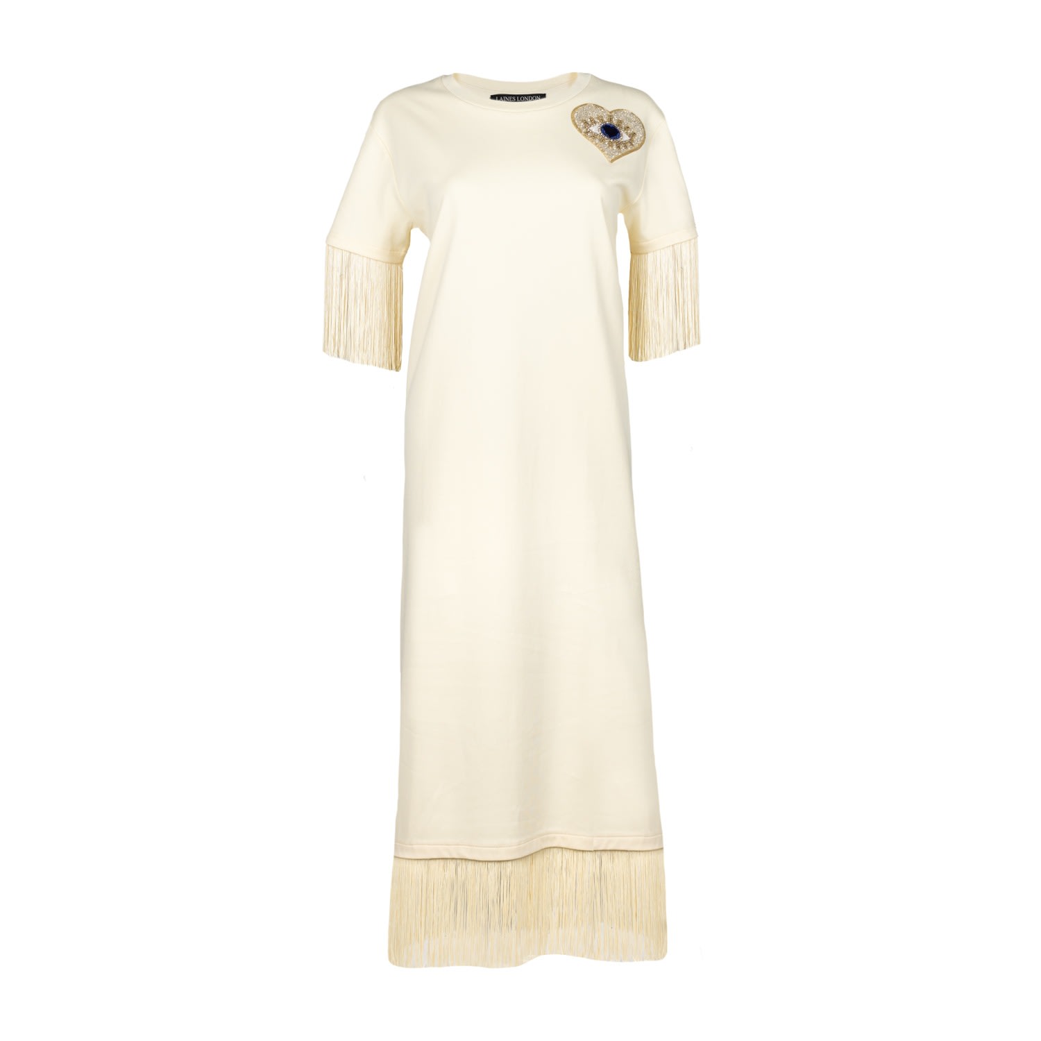 Women’s Neutrals Laines Couture Fringed Tassel Dress With Embellished Heart Eye - Cream S/M Laines London