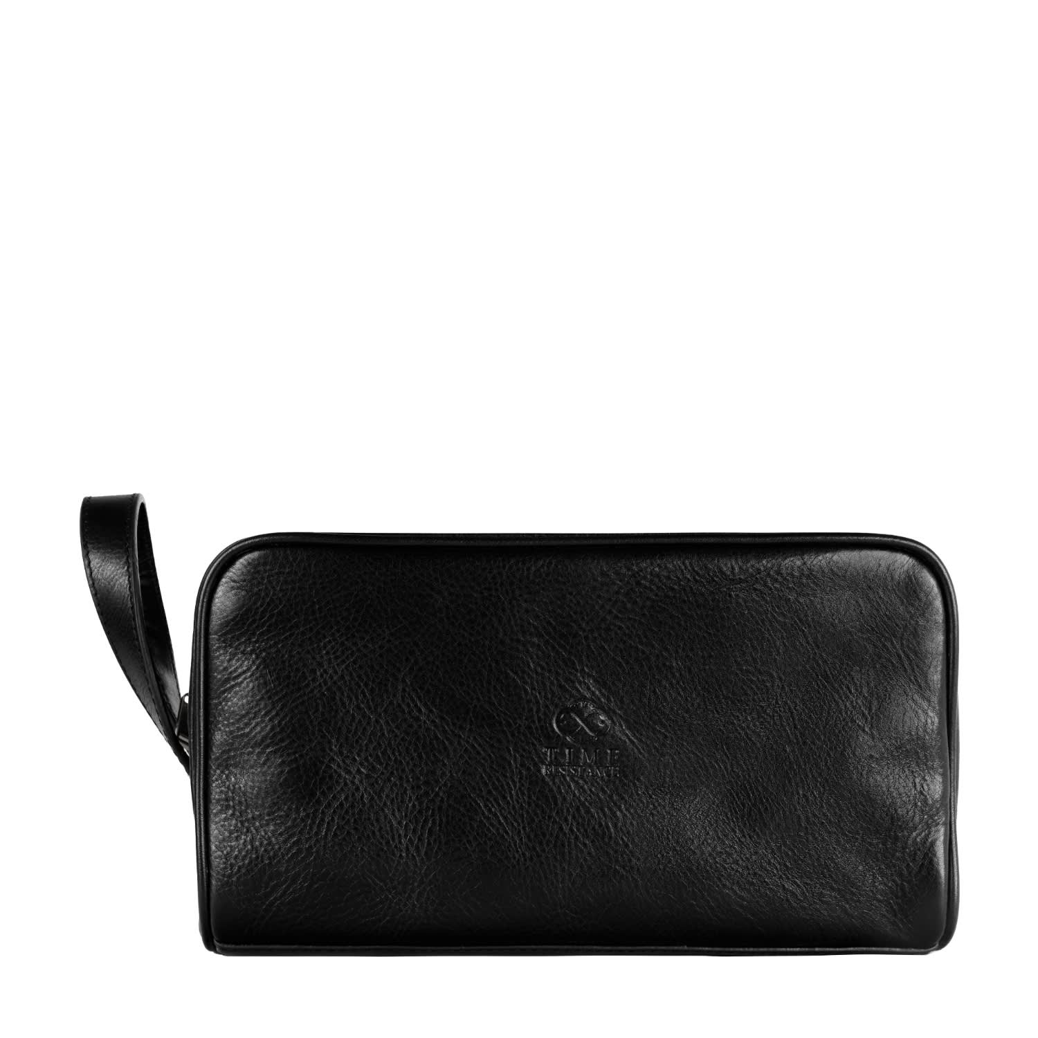 Time Resistance Black Leather Cosmetic Bag Dopp Kit - All The Kings Men In Black