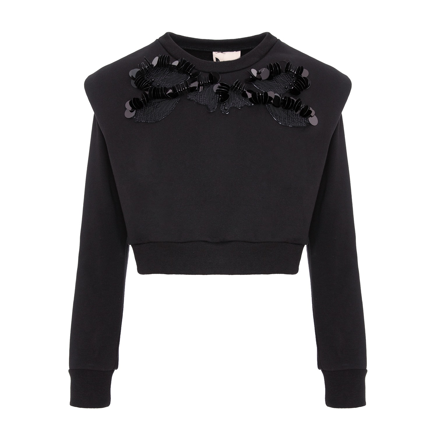 Monarh Women's Black Crop Hoodie With Shoulder Cutouts And Butterfly Wing Accents In Black