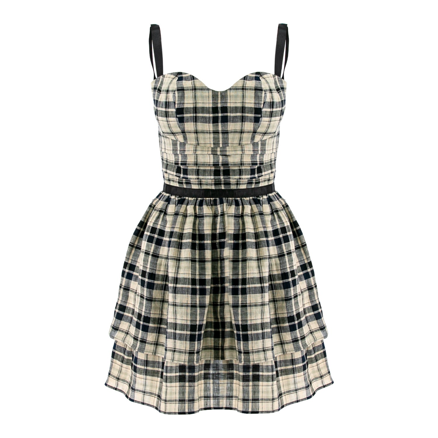 Avenue No.29 Women's Black / Neutrals Checked Linen Gathered Mini Dress With Straps In Black