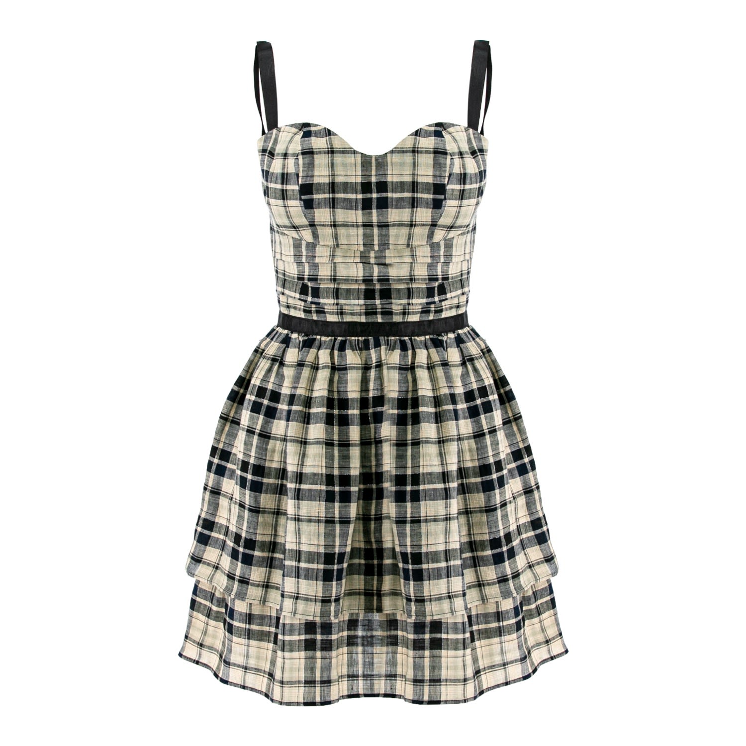 Women’s Black / Neutrals Checked Linen Gathered Mini Dress With Straps Large Avenue no.29