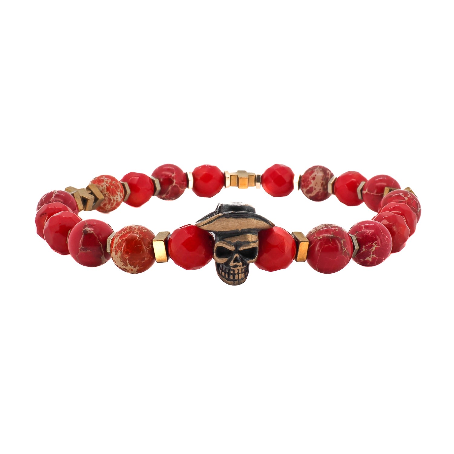 Men’s Gold / Red Red Cowboy Hat Skull Bracelet Ebru Jewelry