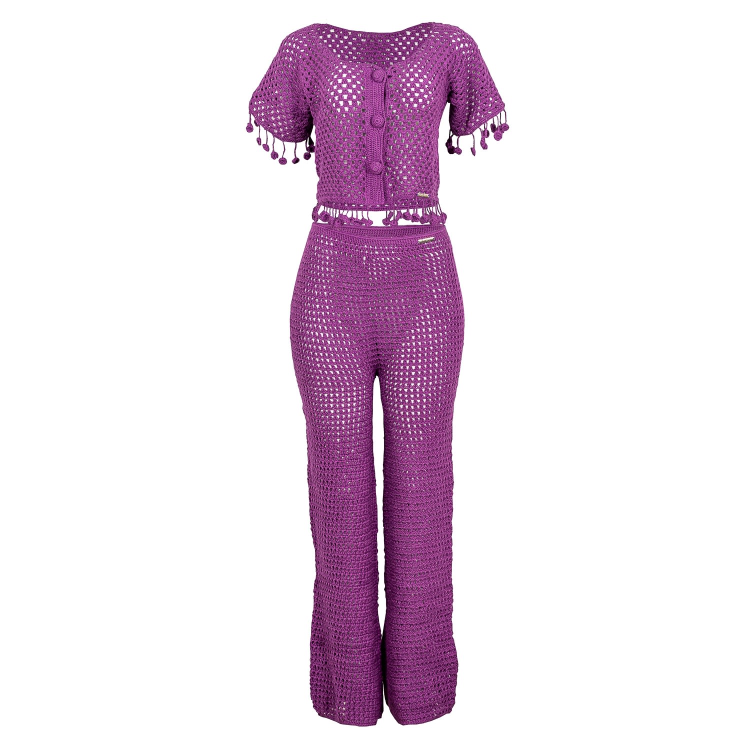 Women’s Pink / Purple Crochet Set With Crop Shirt And Pants - Pink & Purple S/M Tricult