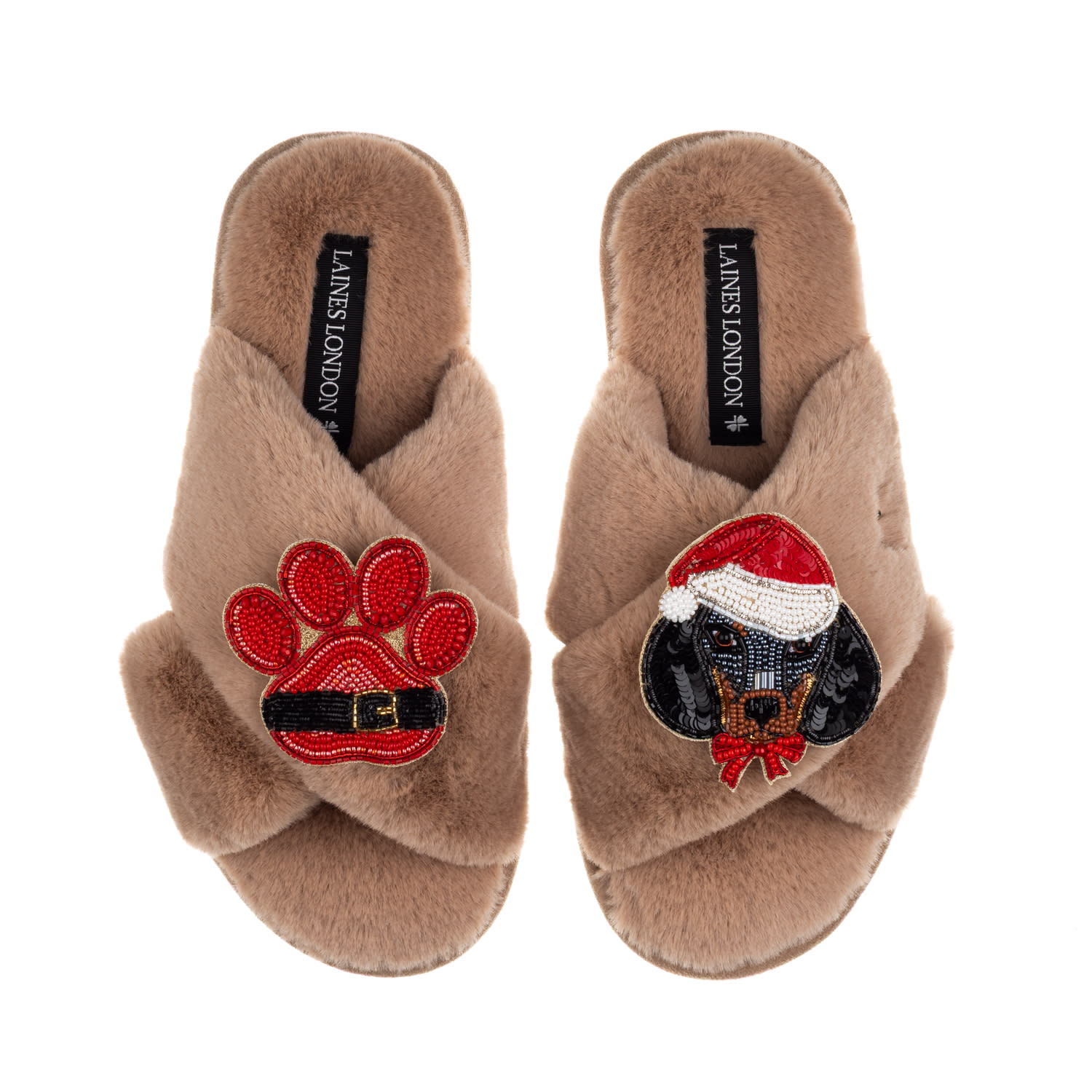 Laines London Women's Brown / Neutrals Classic Slippers With Christmas Dachshund & Paw Brooches - Toffee In Brown