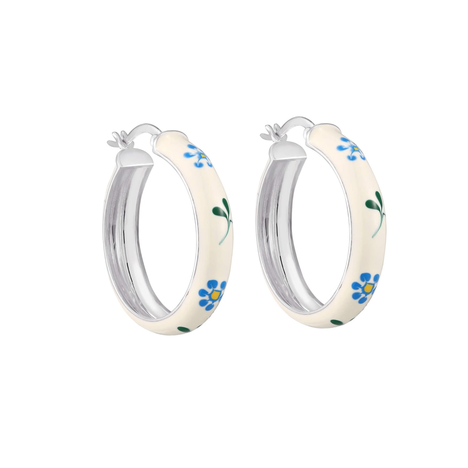 Women’s Ecoated Sterling Silver White & Blue Flower Enamel Large Hoops Seol + Gold