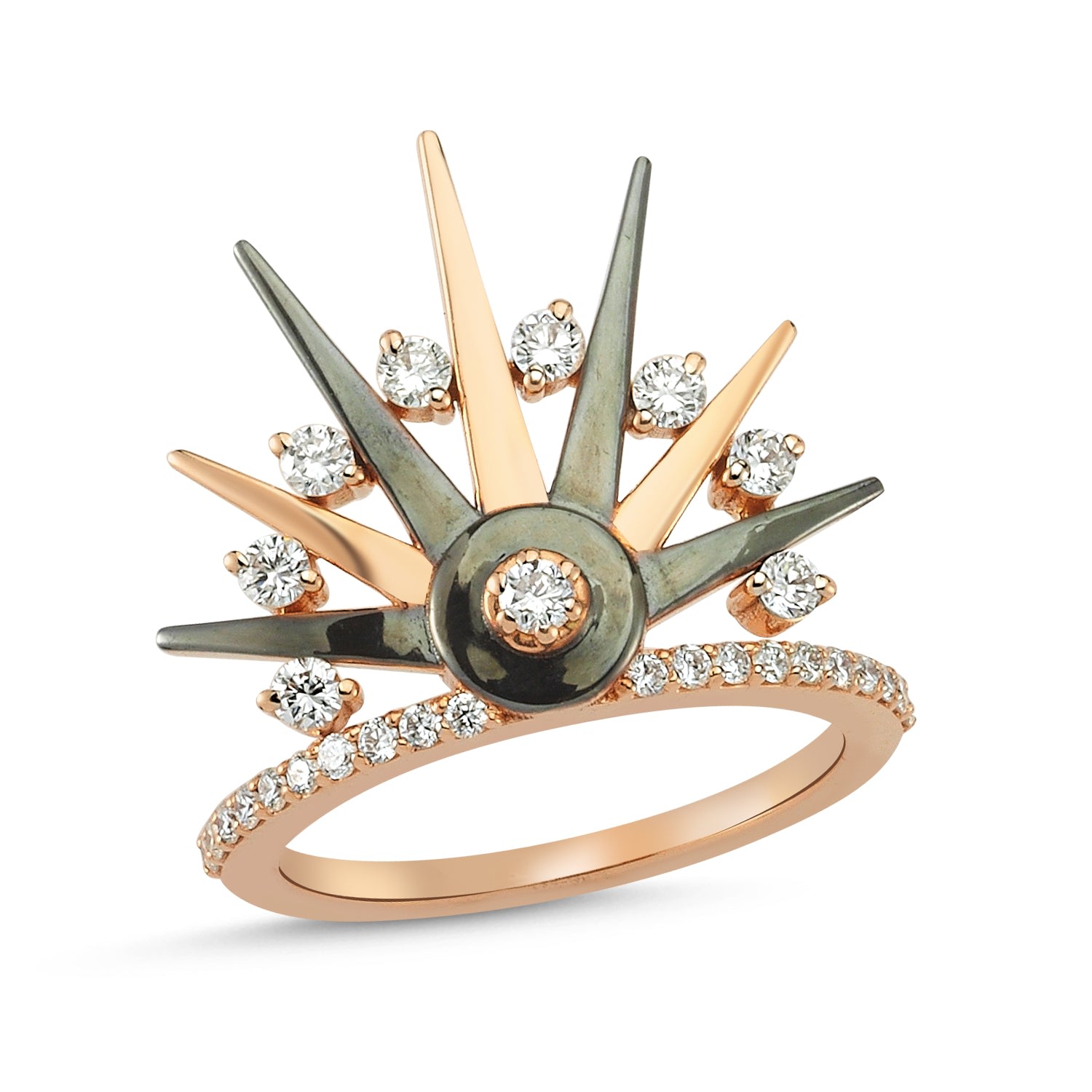 Women’s Rose Gold Spike Detail, Black Gold With Diamond Ring Dime Tribe