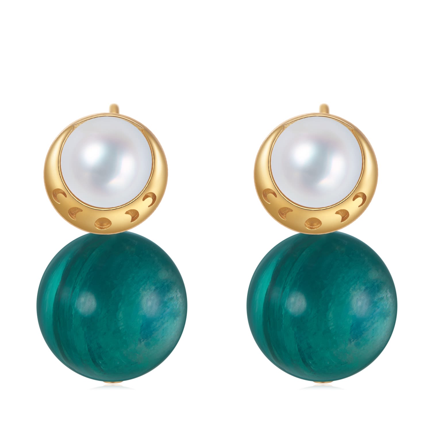 Aurozia Women's Starry Moon Lunar Phase Gold Vermeil Green Lithium Mica Pearl & Moon Crystal Stud Earrings