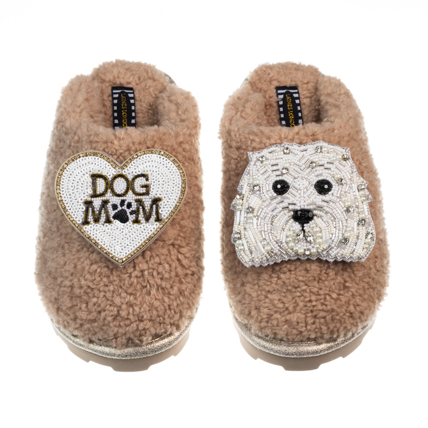 Laines London Women's Brown Teddy Closed Toe Slippers With Queenie & Dog Mum / Mom Brooches - Toffee In Brown