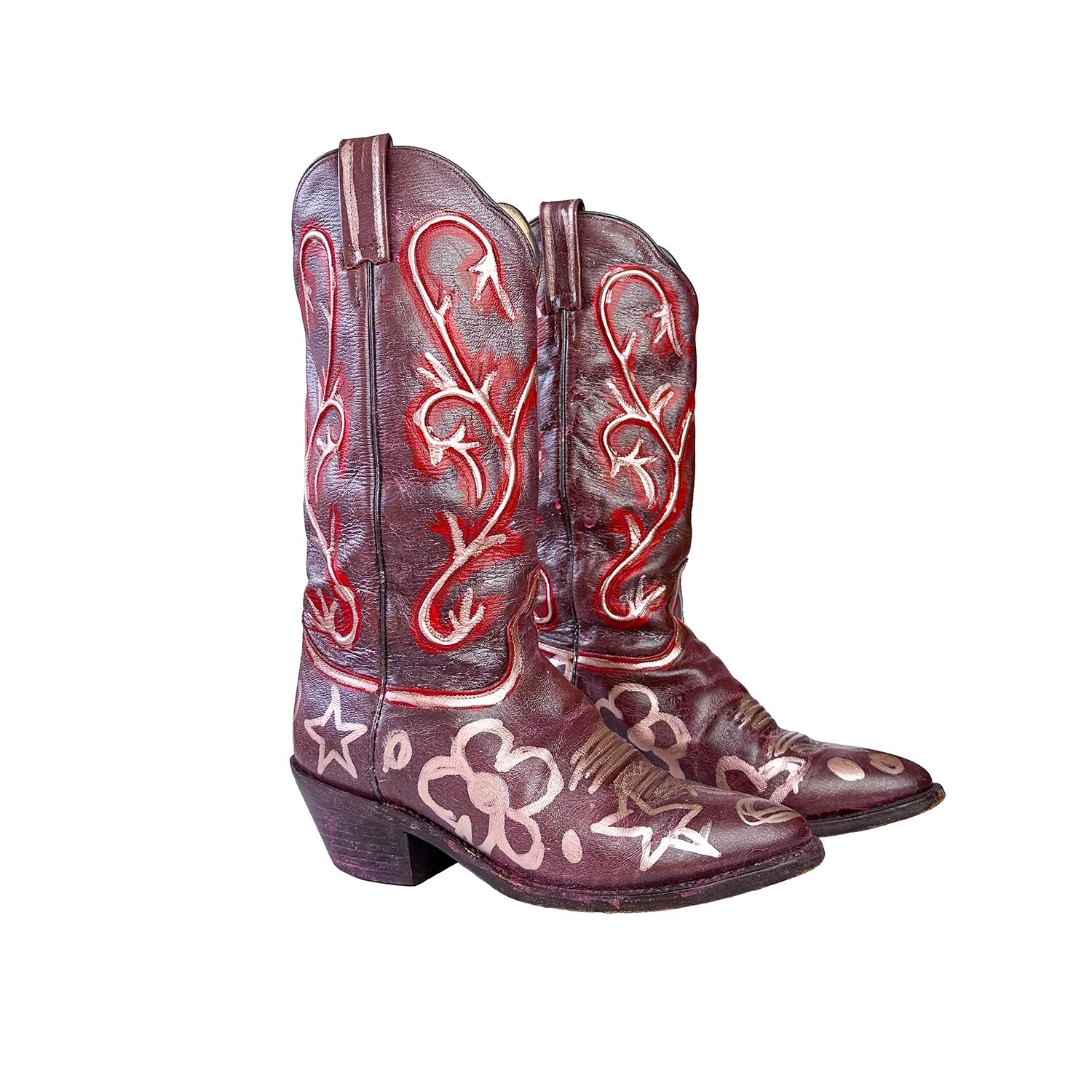 Acid Cat Women's Brown / Rose Gold / Red Distressed Scribbles Vintage Cowboy Boot In Multi