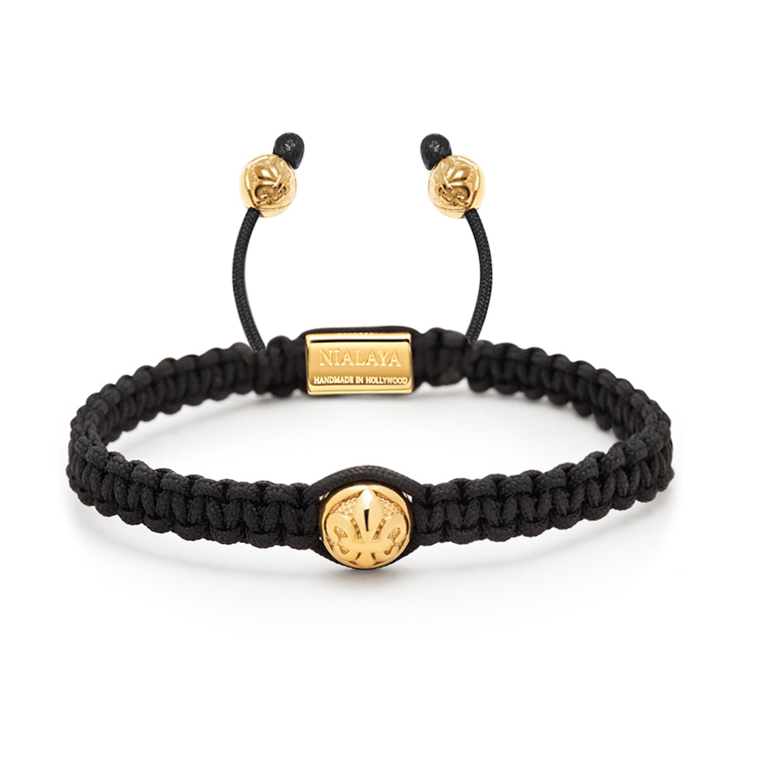 Gold / Black Mens Black String Bracelet With Gold Cz Bead Nialaya