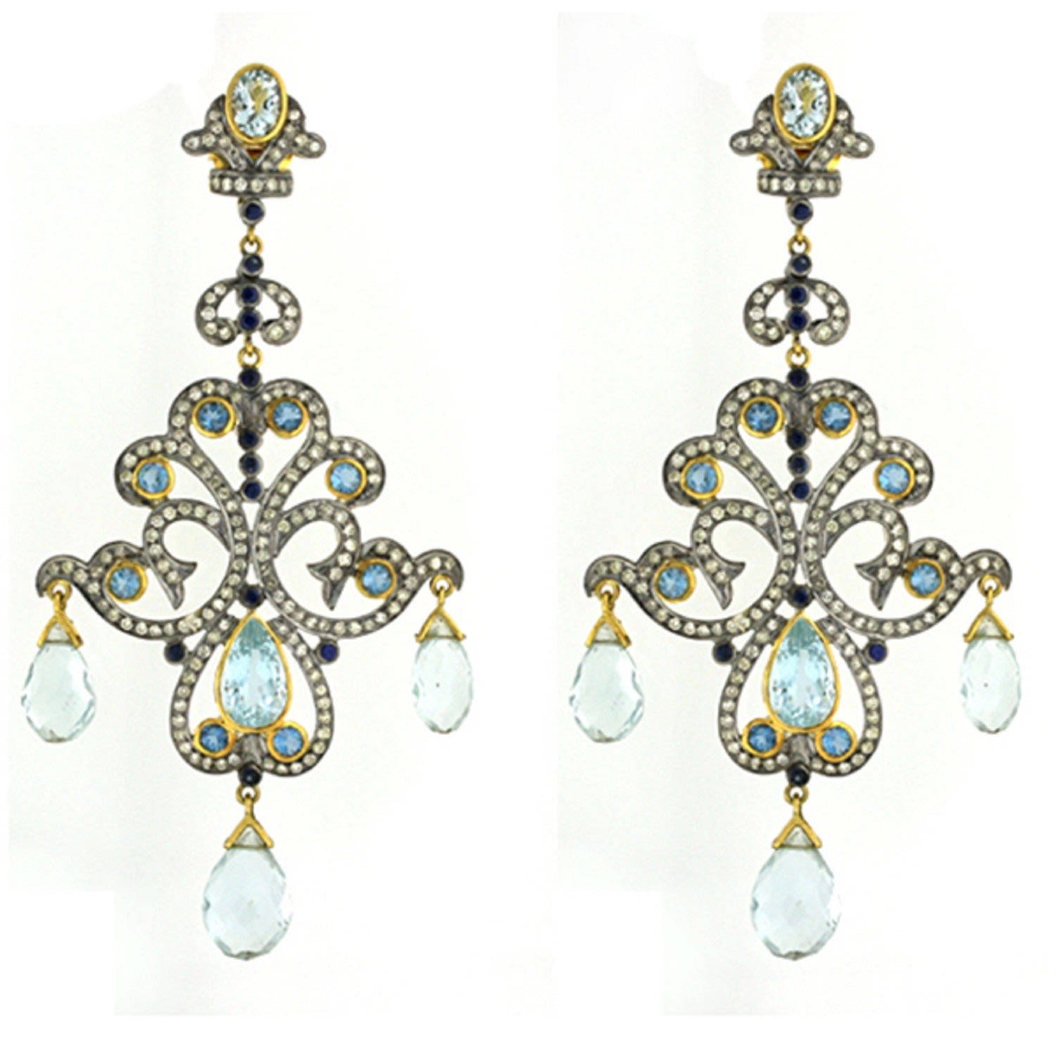 Women’s Gold / Blue Aquamarine & Blue Sapphire Pave Diamond In 14K Gold 925 Silver Chandelier Earrings Artisan