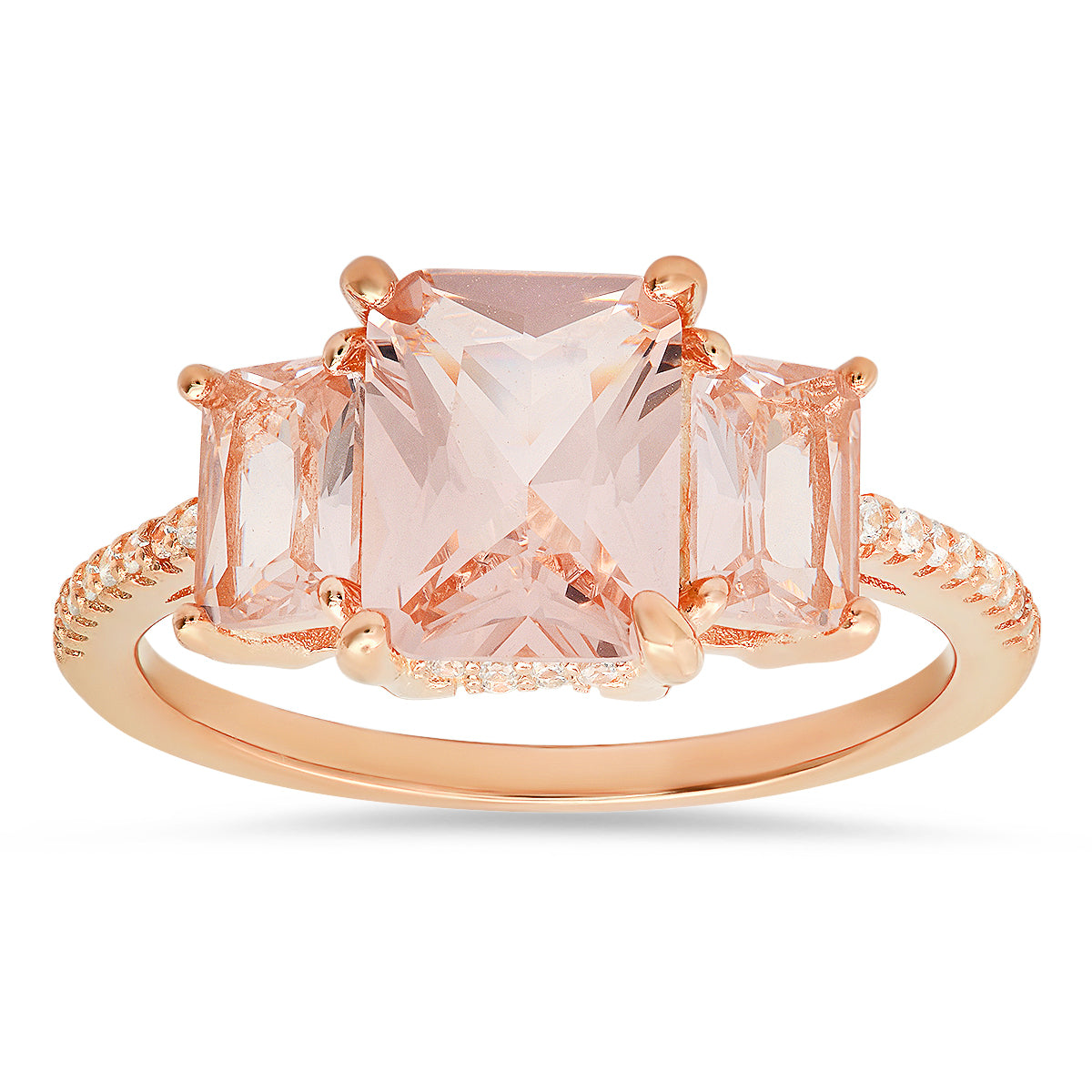 Women’s Rose Gold Over Silver 3-Stone Morganite Cz Ring Kylie Harper