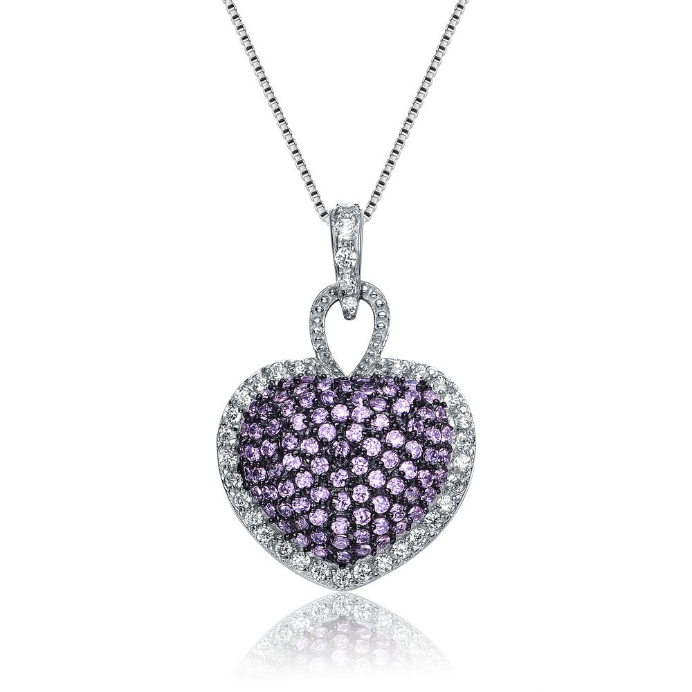 Women’s White / Silver Sterling Silver Purple Cubic Zirconia Pave Heart Necklace Genevive Jewelry