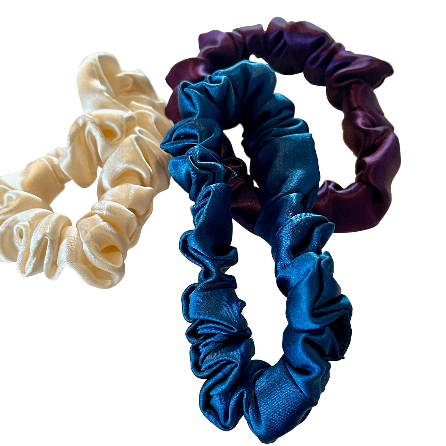 Women's Blue Set Of Three Pure Mulberry Silk Mini Scrunchie Weekly Special Hair Ties Twilight Zone | One Size | Soft Strokes Silk