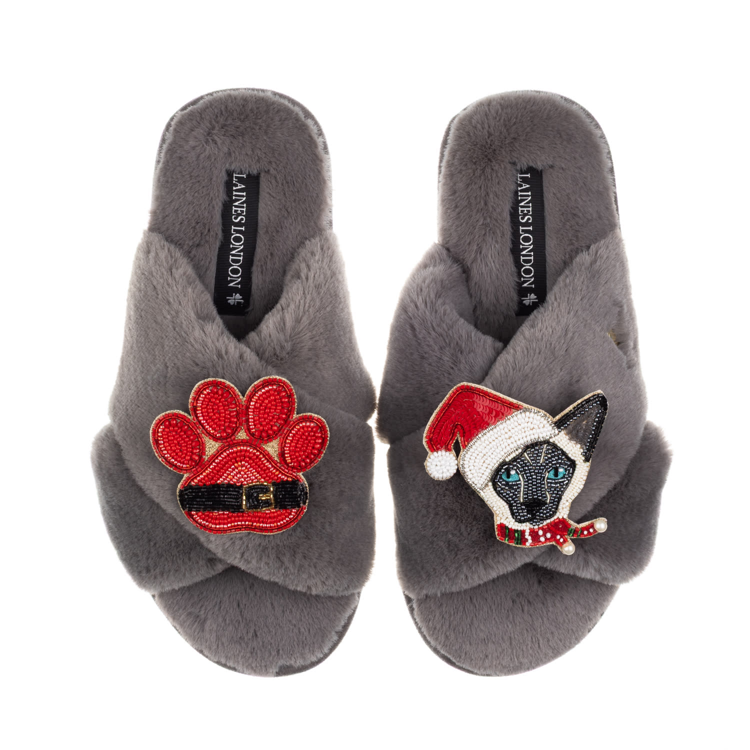 Laines London Women's Classic Slippers With Christmas Black & White Siamese Cat & Paw Brooches - Grey In Gray