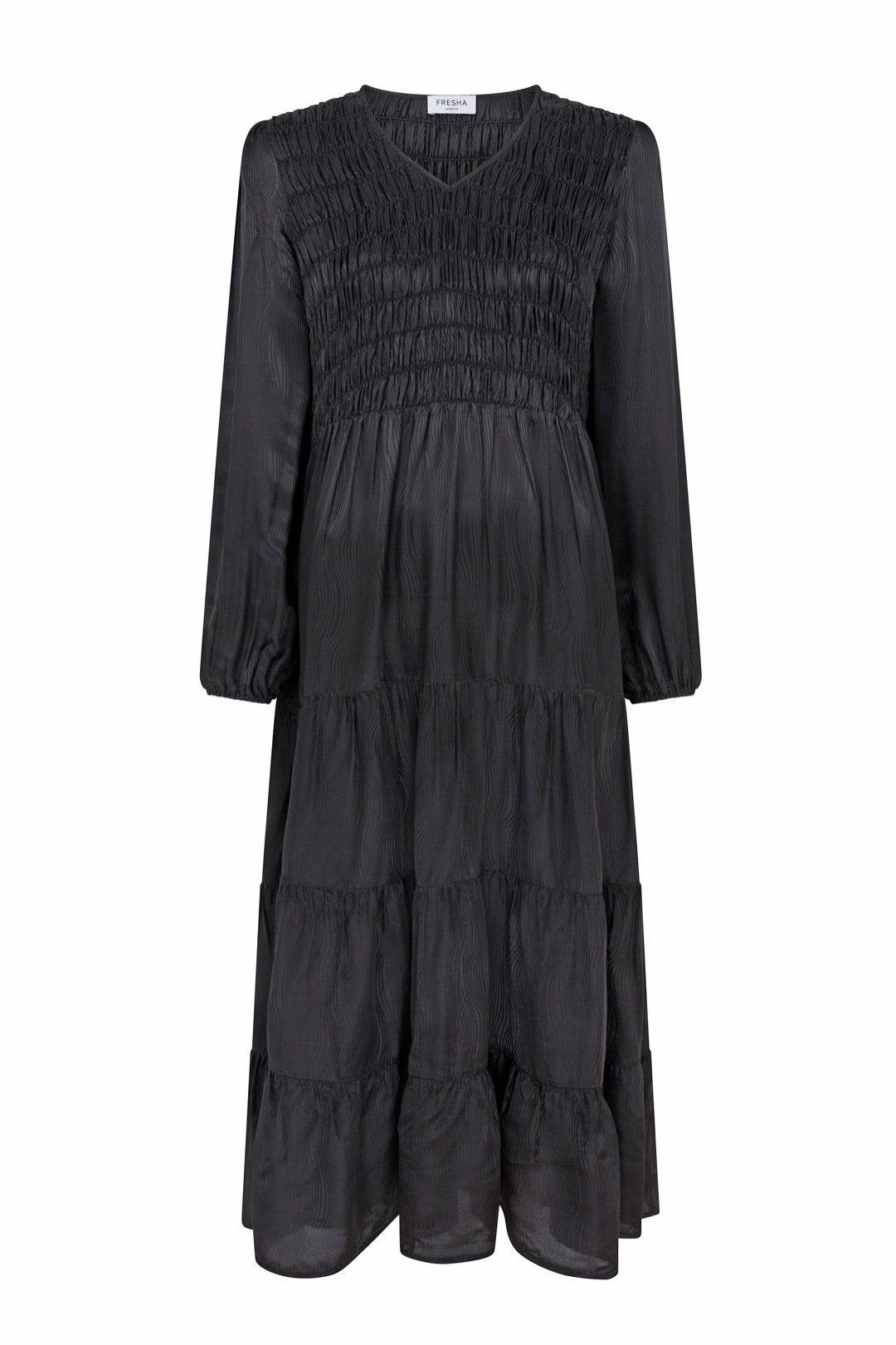 Fresha London Shirred Tiered Dress In Black In Black