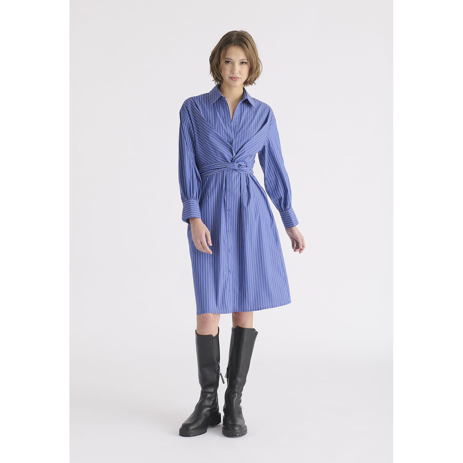 shirt waist dress 1940s Shirt-waister knife pleated full skirt Striped Shirt Dress With Waist