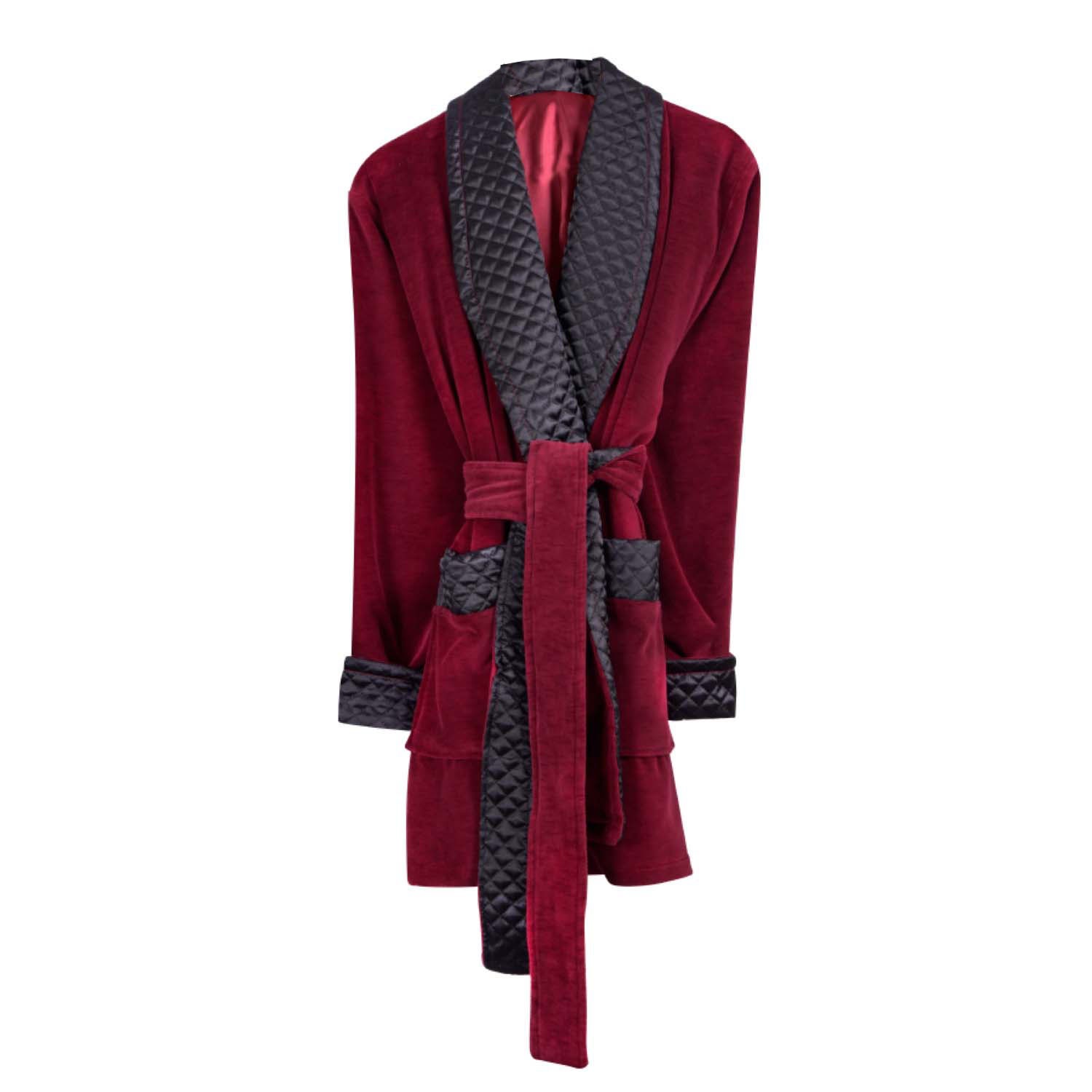 Belgravia Luxury Cotton Short Velvet Smoking Jacket In Burgundy