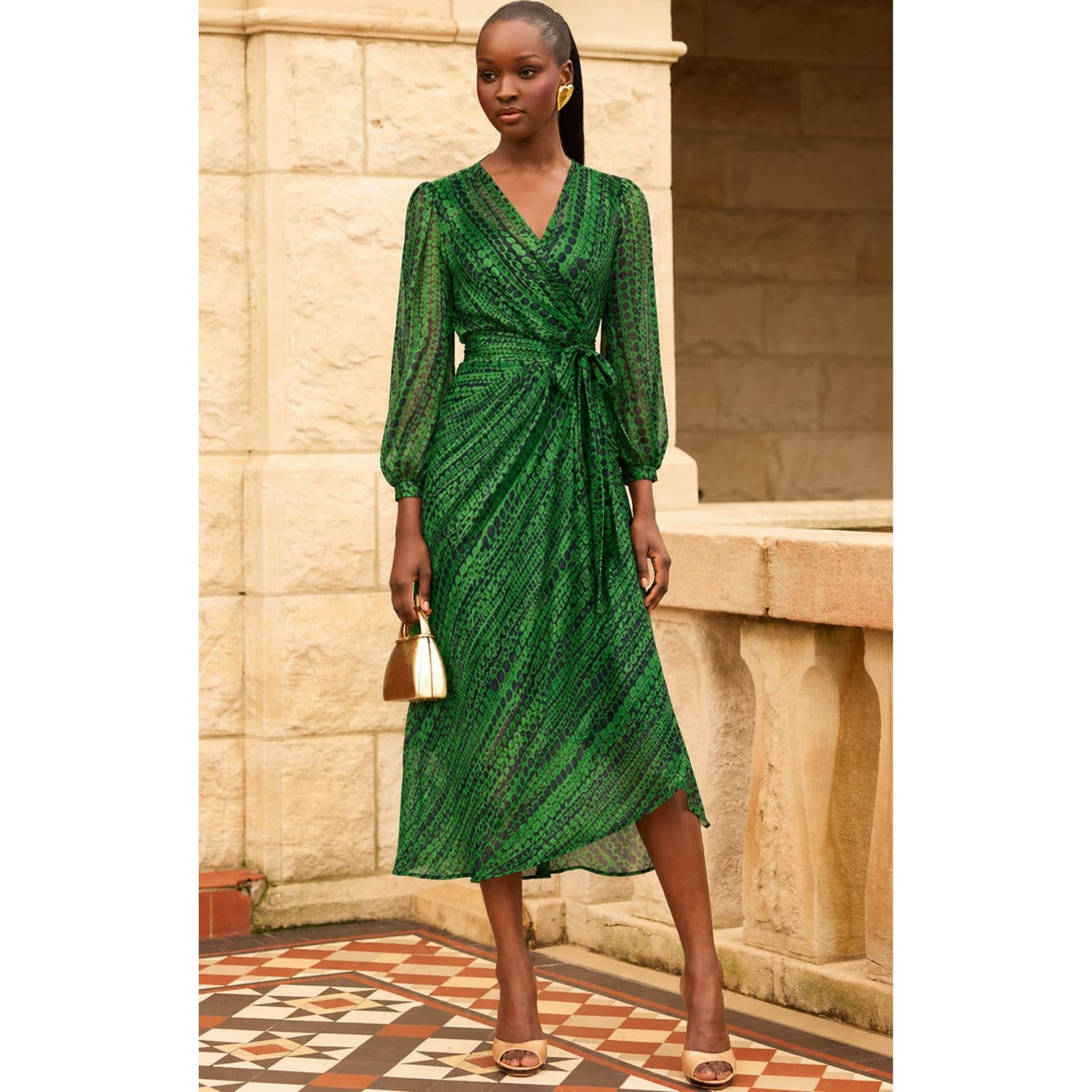 The Savoir Lurex Chiffon Midi Wrap Dress In Navy Green | SACHA DRAKE