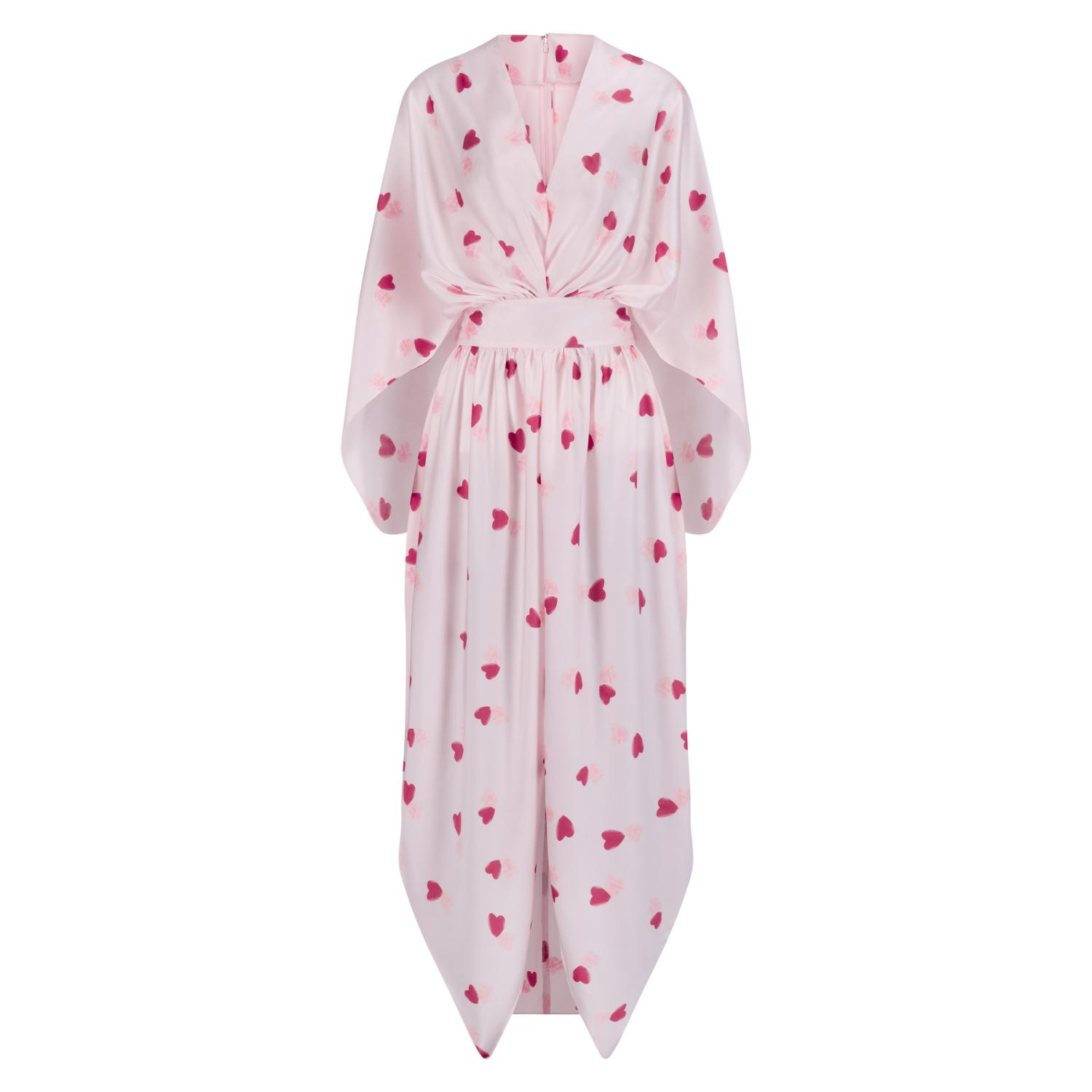 Azzalia Women's Drapped Silk Kaftan With Belt In Printed Silk With Touched Of Heart Shaped