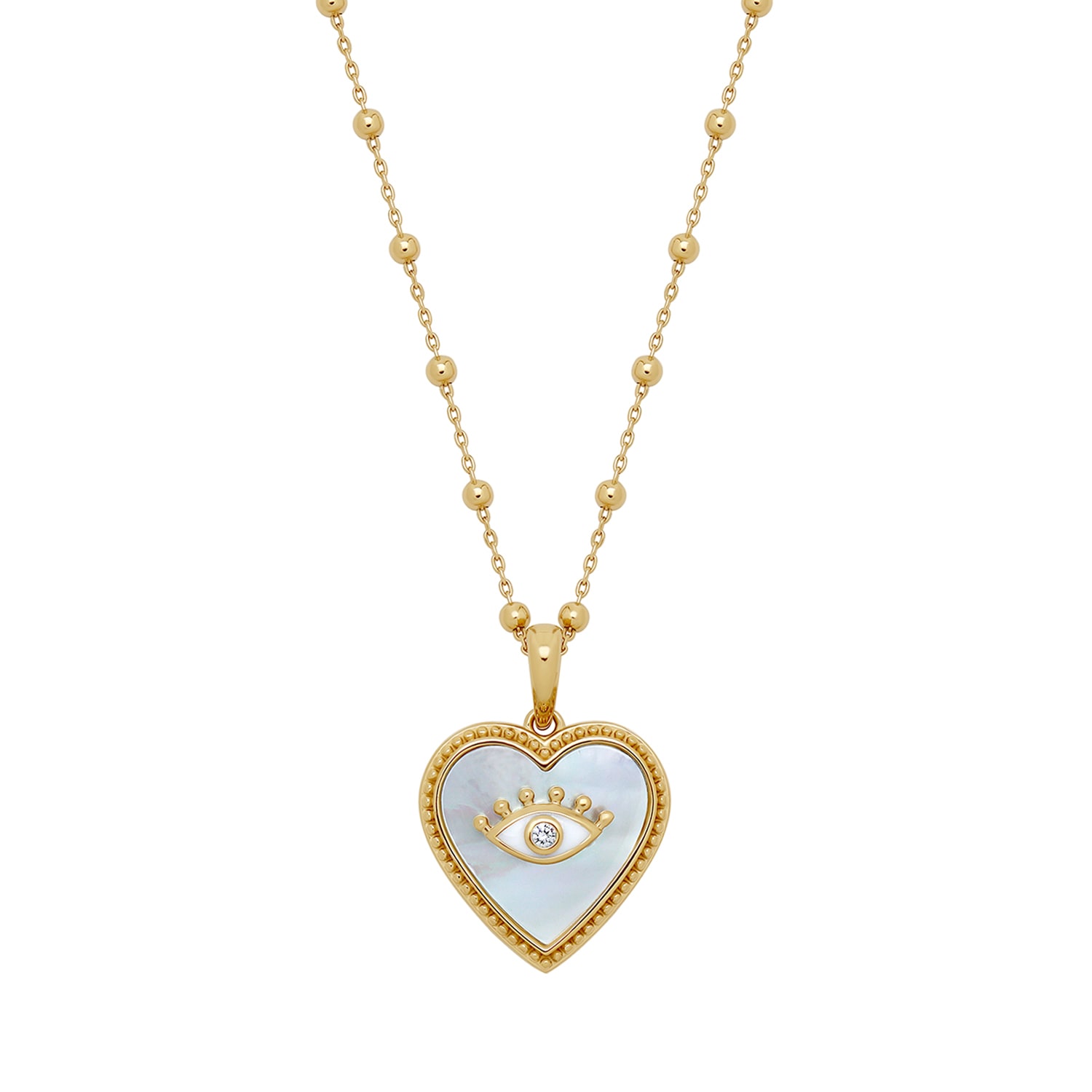 Karma And Luck Women's Nurturing Energy White Mother Of Pearl Heart & Evil Eye Gold Necklace