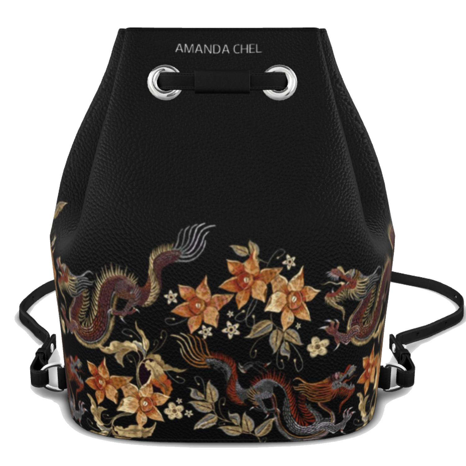 Women’s Black Amanda Chel’s Dragons Of Paradise Collection, Bucket Backpack One Size