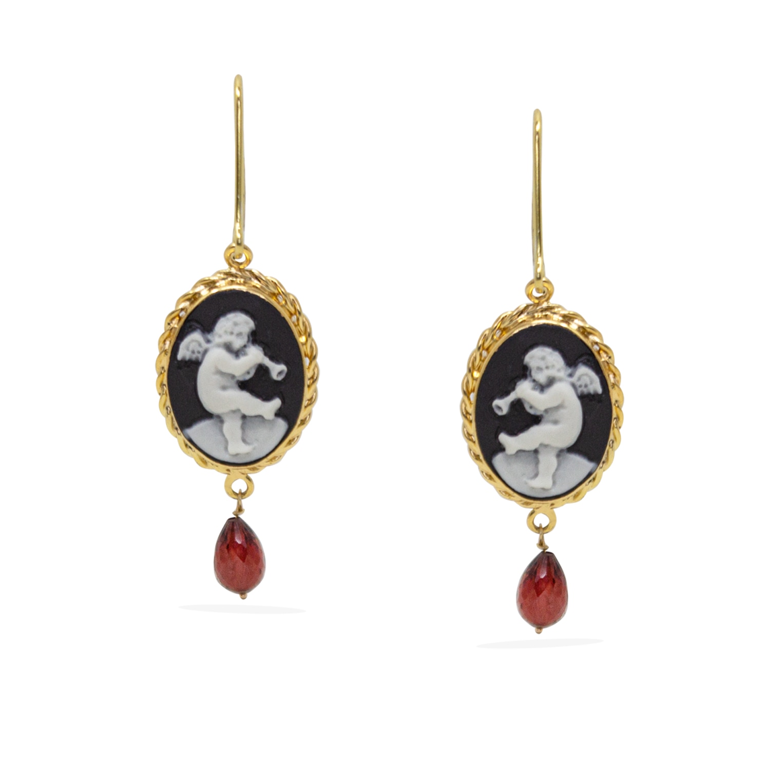 Women’s Gold / Black / Red Playing Angels Cameo And Garnet Earrings Vintouch Italy