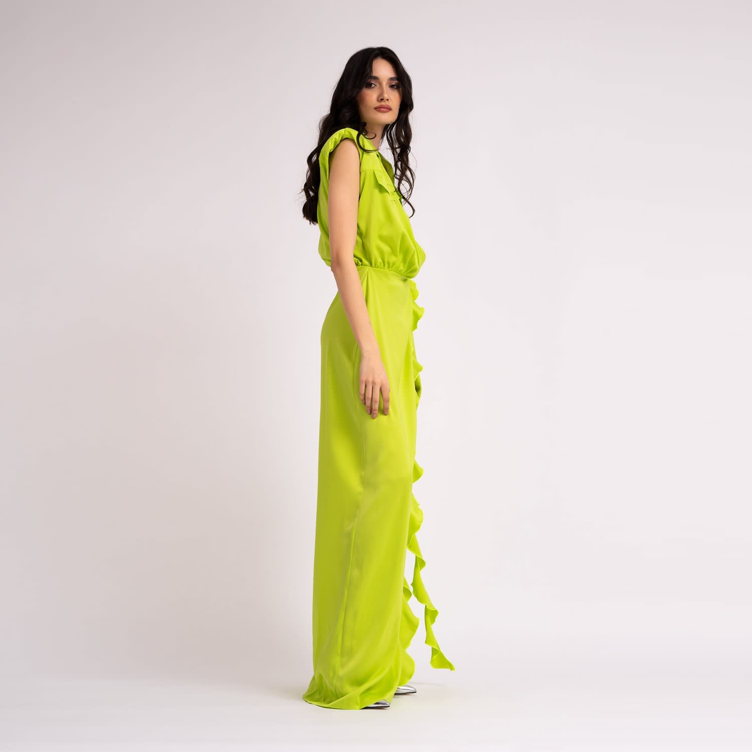 Neon Maxi Dress With Oversized Shoulders And Ruffled Slit BLUZAT